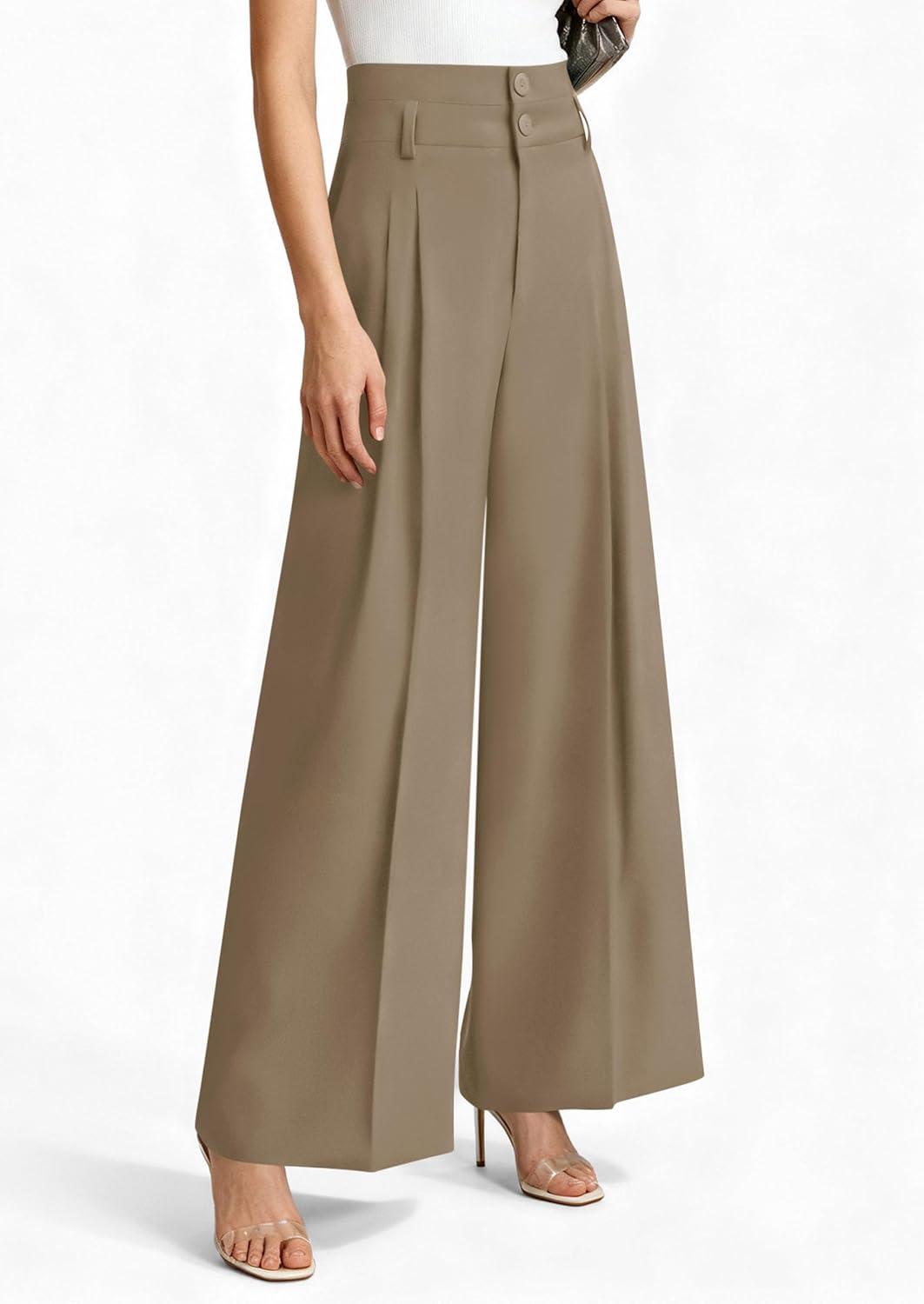 imagePRETTYGARDEN Womens Spring Wide Leg Palazzo Pants 2026 Trendy Loose Button High Waist Pleated Work Business Casual TrousersKhaki