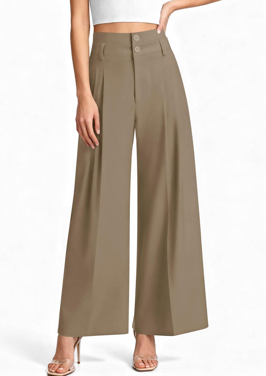 imagePRETTYGARDEN Womens Spring Wide Leg Palazzo Pants 2026 Trendy Loose Button High Waist Pleated Work Business Casual TrousersKhaki