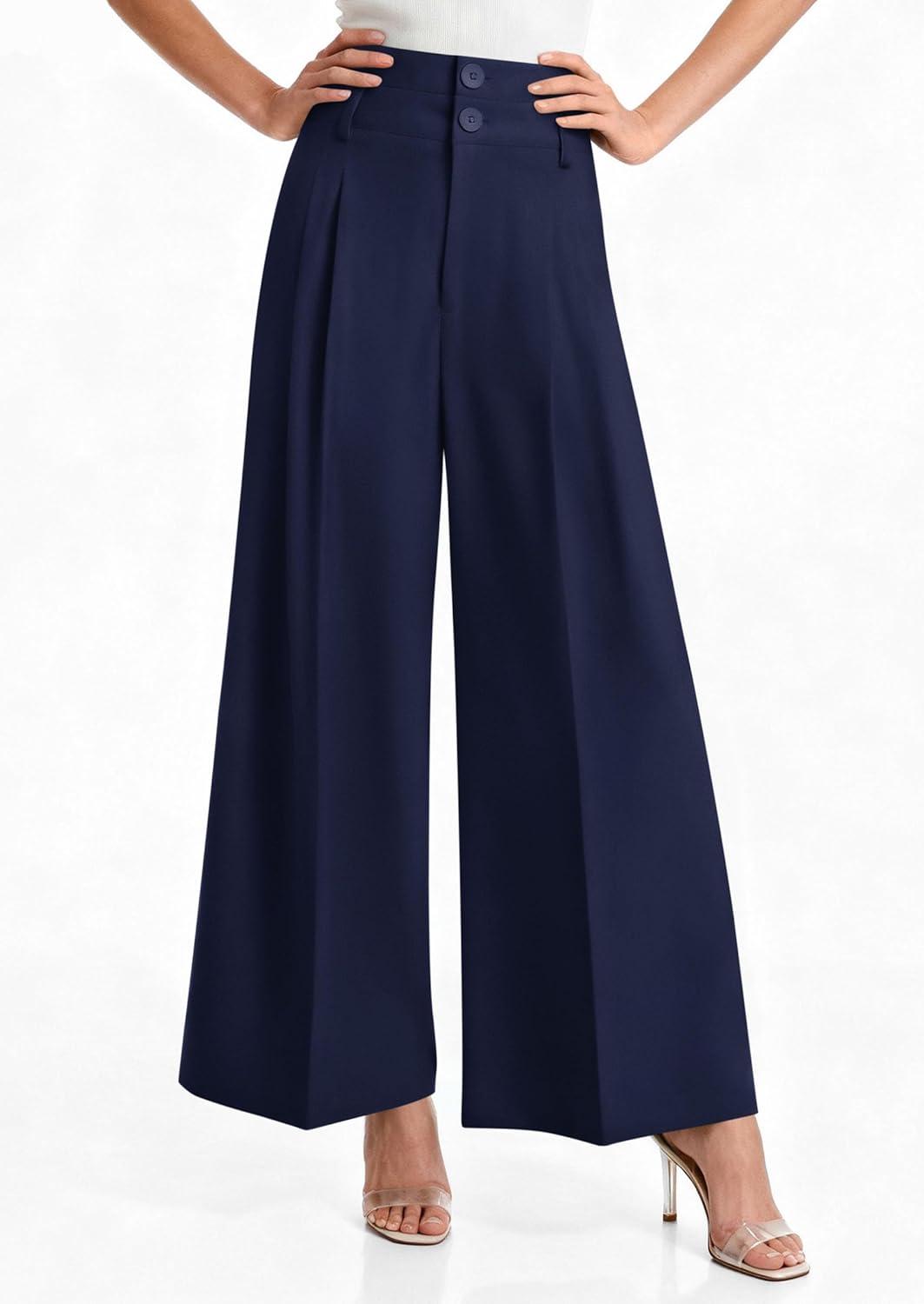 imagePRETTYGARDEN Womens Spring Wide Leg Palazzo Pants 2026 Trendy Loose Button High Waist Pleated Work Business Casual TrousersNavy Blue