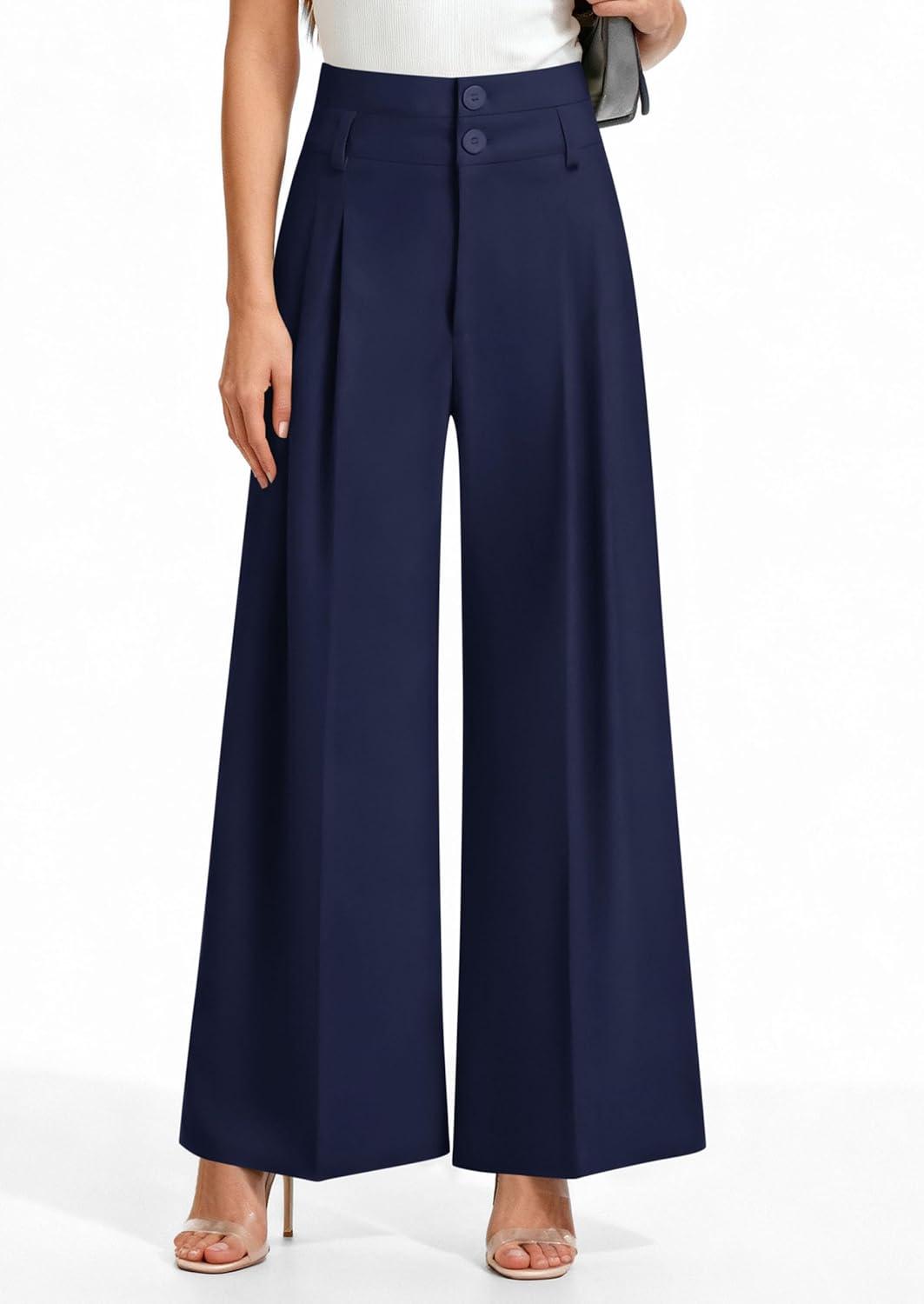 imagePRETTYGARDEN Womens Spring Wide Leg Palazzo Pants 2026 Trendy Loose Button High Waist Pleated Work Business Casual TrousersNavy Blue