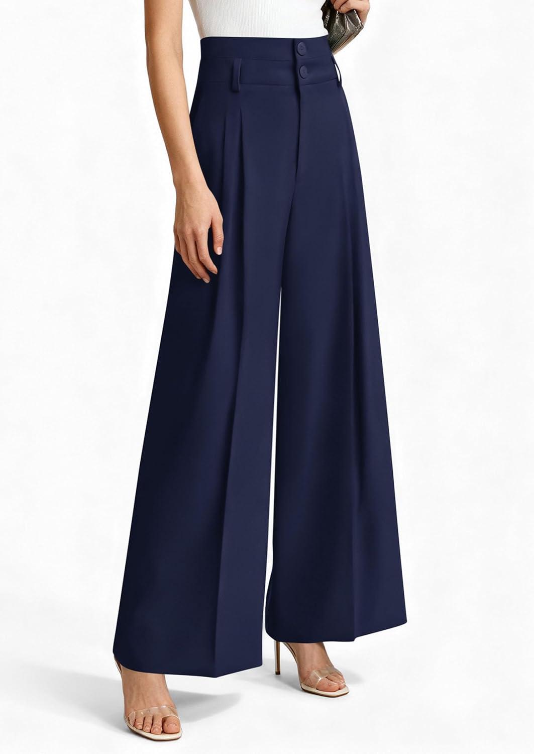 imagePRETTYGARDEN Womens Spring Wide Leg Palazzo Pants 2026 Trendy Loose Button High Waist Pleated Work Business Casual TrousersNavy Blue