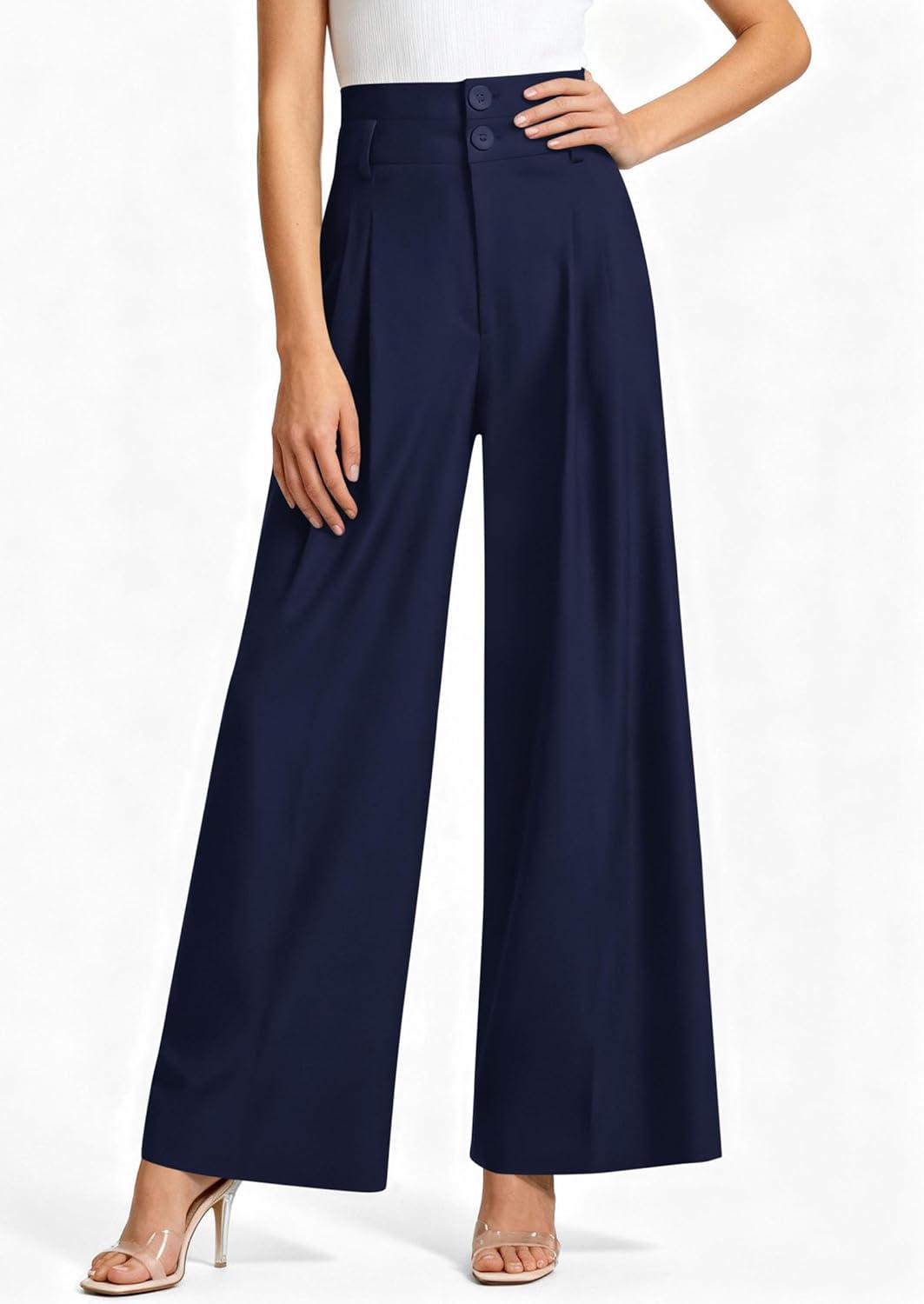 imagePRETTYGARDEN Womens Spring Wide Leg Palazzo Pants 2026 Trendy Loose Button High Waist Pleated Work Business Casual TrousersNavy Blue