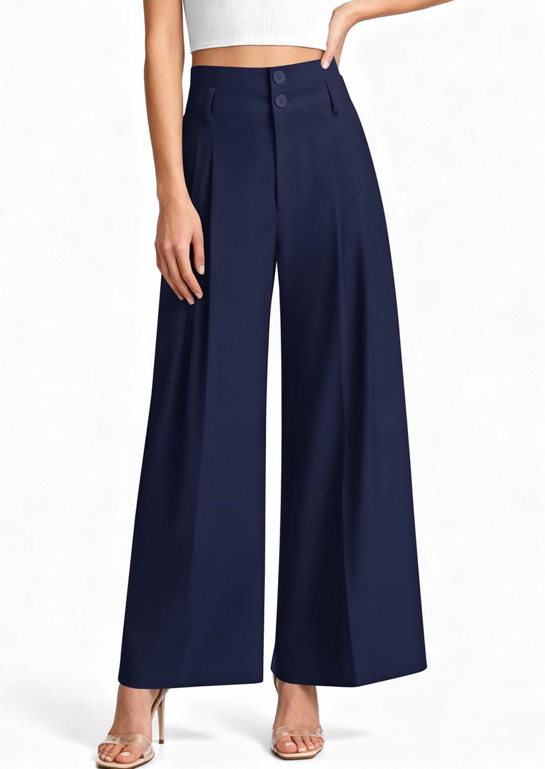 imagePRETTYGARDEN Womens Spring Wide Leg Palazzo Pants 2026 Trendy Loose Button High Waist Pleated Work Business Casual TrousersNavy Blue