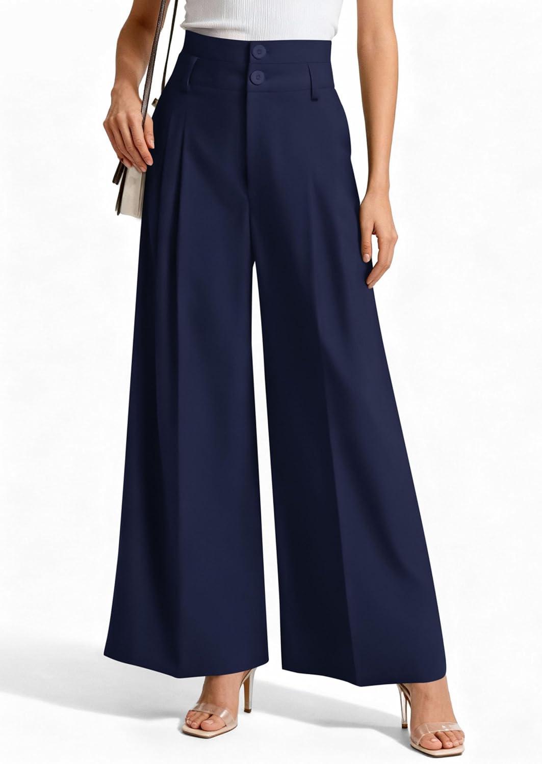 imagePRETTYGARDEN Womens Spring Wide Leg Palazzo Pants 2026 Trendy Loose Button High Waist Pleated Work Business Casual TrousersNavy Blue