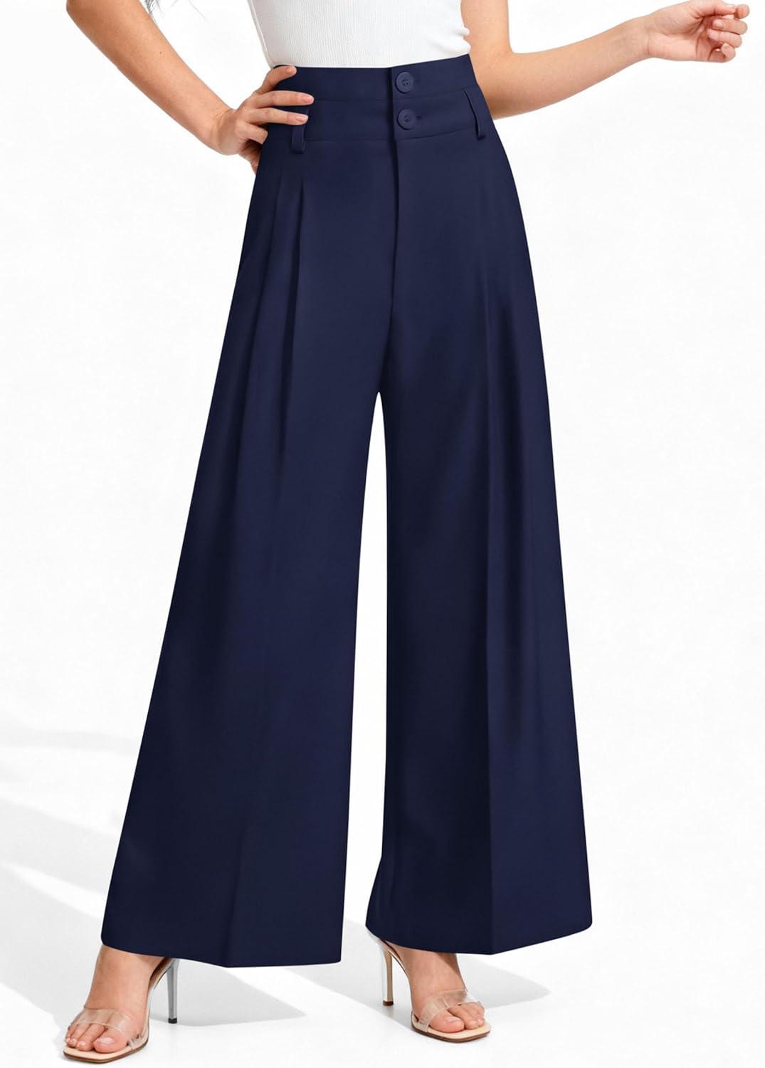 imagePRETTYGARDEN Womens Spring Wide Leg Palazzo Pants 2026 Trendy Loose Button High Waist Pleated Work Business Casual TrousersNavy Blue