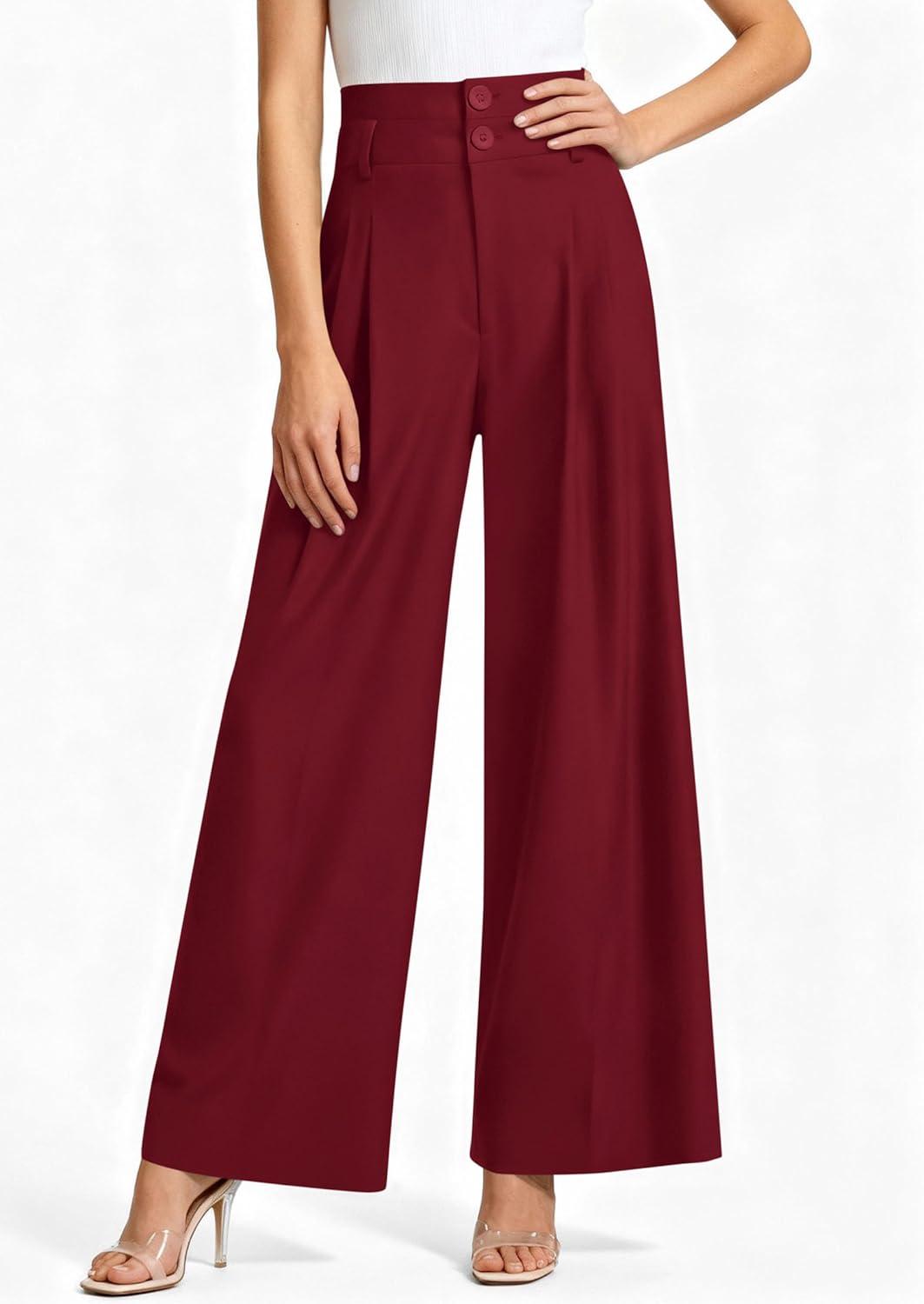imagePRETTYGARDEN Womens Spring Wide Leg Palazzo Pants 2026 Trendy Loose Button High Waist Pleated Work Business Casual TrousersWine Red
