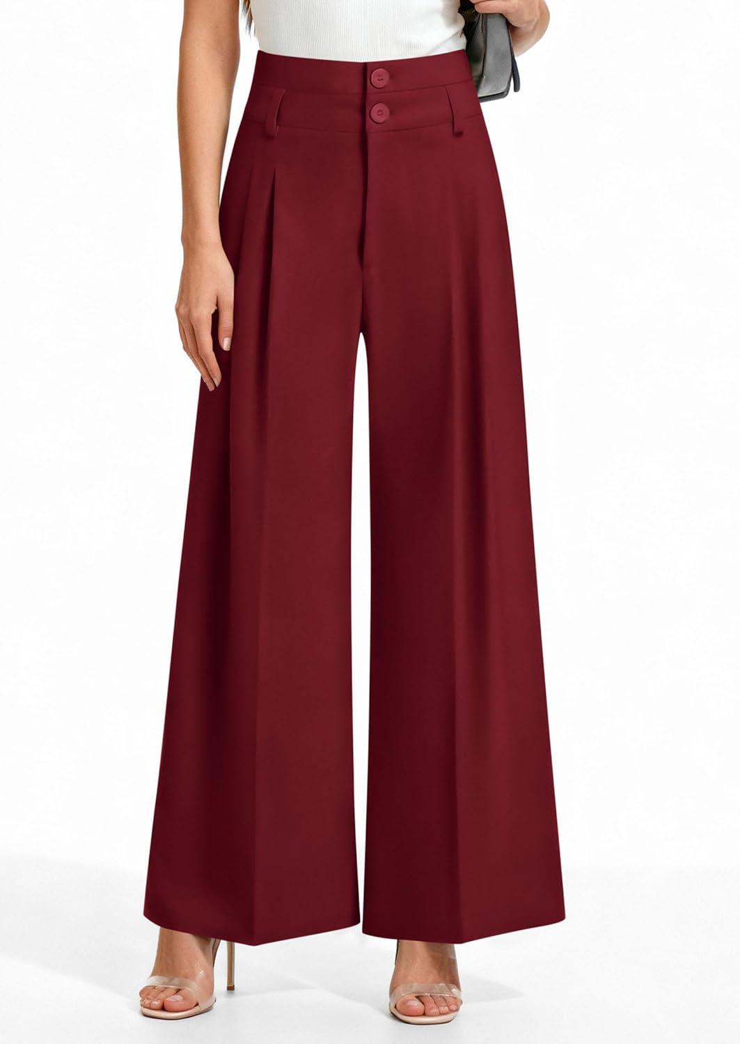 imagePRETTYGARDEN Womens Spring Wide Leg Palazzo Pants 2026 Trendy Loose Button High Waist Pleated Work Business Casual TrousersWine Red