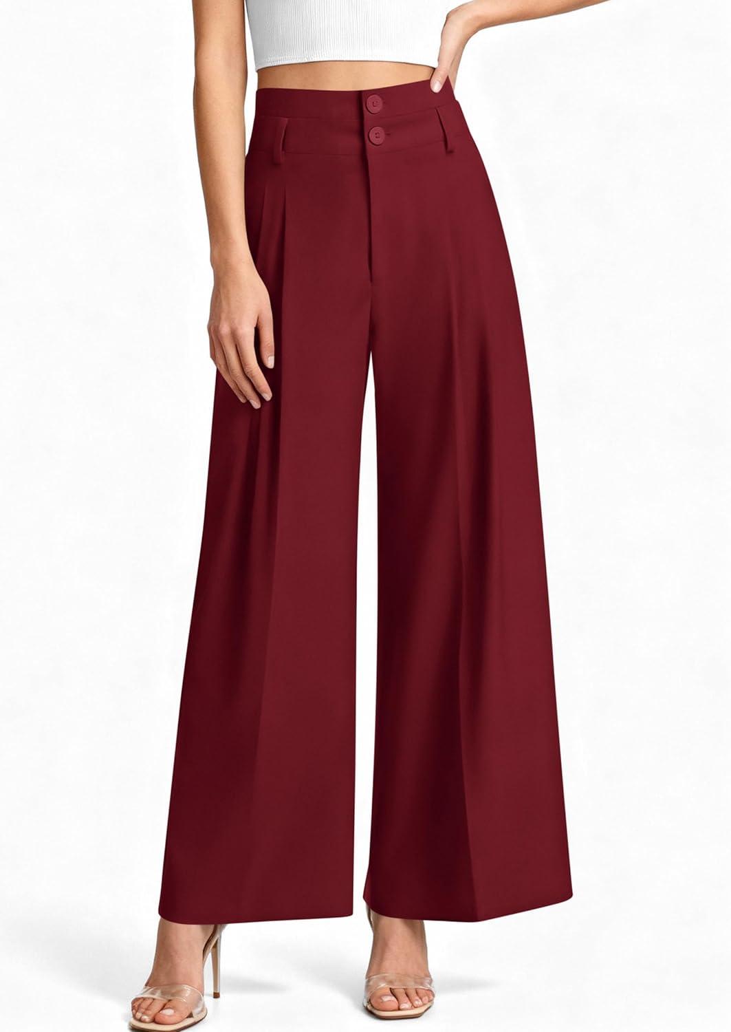 imagePRETTYGARDEN Womens Spring Wide Leg Palazzo Pants 2026 Trendy Loose Button High Waist Pleated Work Business Casual TrousersWine Red