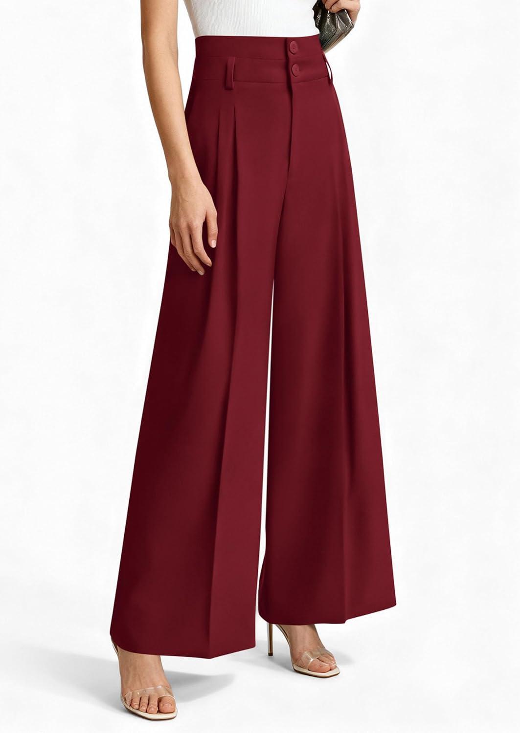 imagePRETTYGARDEN Womens Spring Wide Leg Palazzo Pants 2026 Trendy Loose Button High Waist Pleated Work Business Casual TrousersWine Red