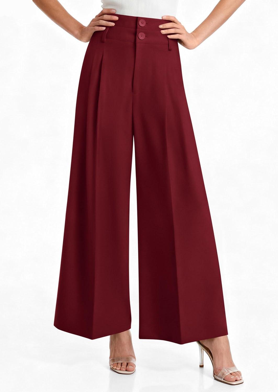 imagePRETTYGARDEN Womens Spring Wide Leg Palazzo Pants 2026 Trendy Loose Button High Waist Pleated Work Business Casual TrousersWine Red
