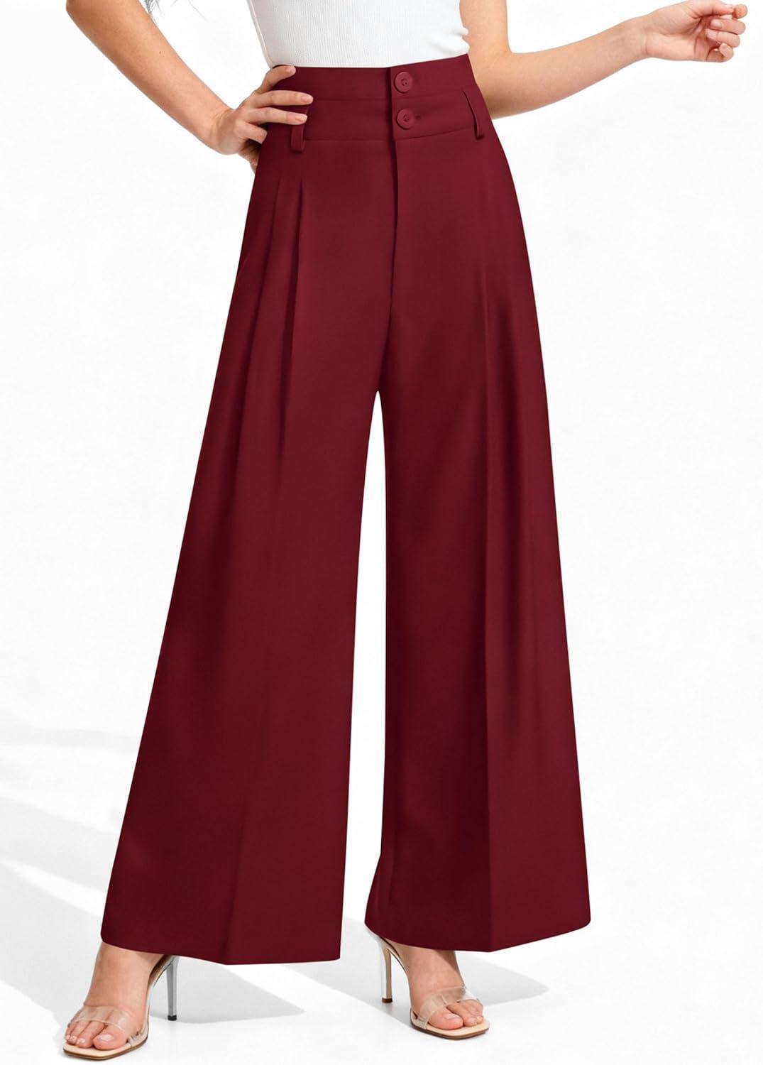imagePRETTYGARDEN Womens Spring Wide Leg Palazzo Pants 2026 Trendy Loose Button High Waist Pleated Work Business Casual TrousersWine Red