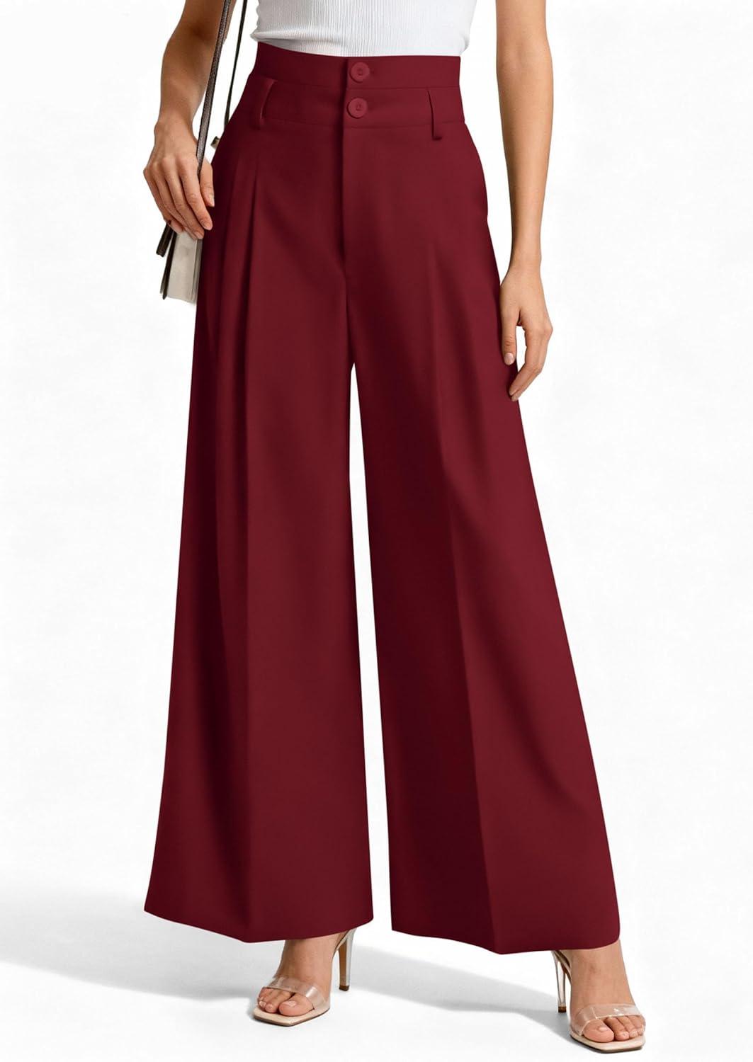 imagePRETTYGARDEN Womens Spring Wide Leg Palazzo Pants 2026 Trendy Loose Button High Waist Pleated Work Business Casual TrousersWine Red