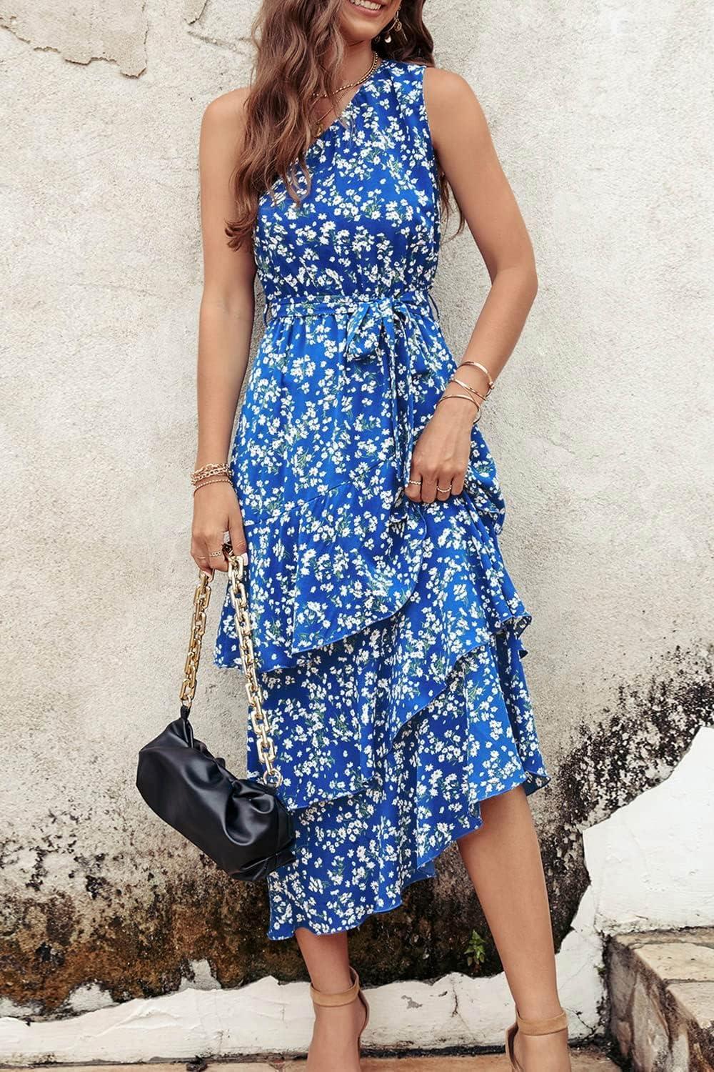 imagePRETTYGARDEN Womens Summer Floral Sundress Casual One Shoulder Tiered Ruffle Flowy Midi Beach Boho Dresses