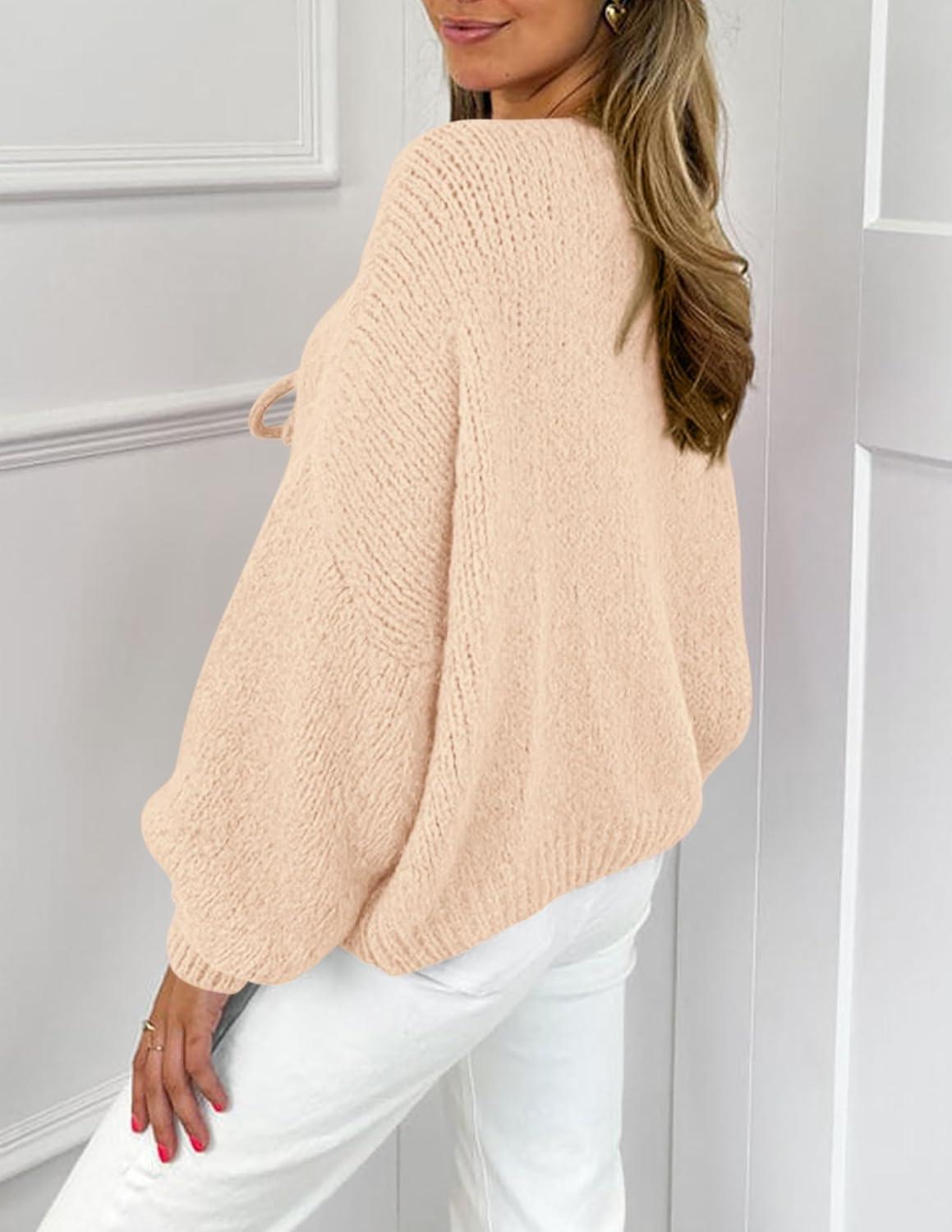 imagePRETTYGARDEN Womens Tie Front Bow Cardigan Sweaters Chunky Knit Long Puff Sleeve Trendy Fall Winter Jacket CoatsApricot