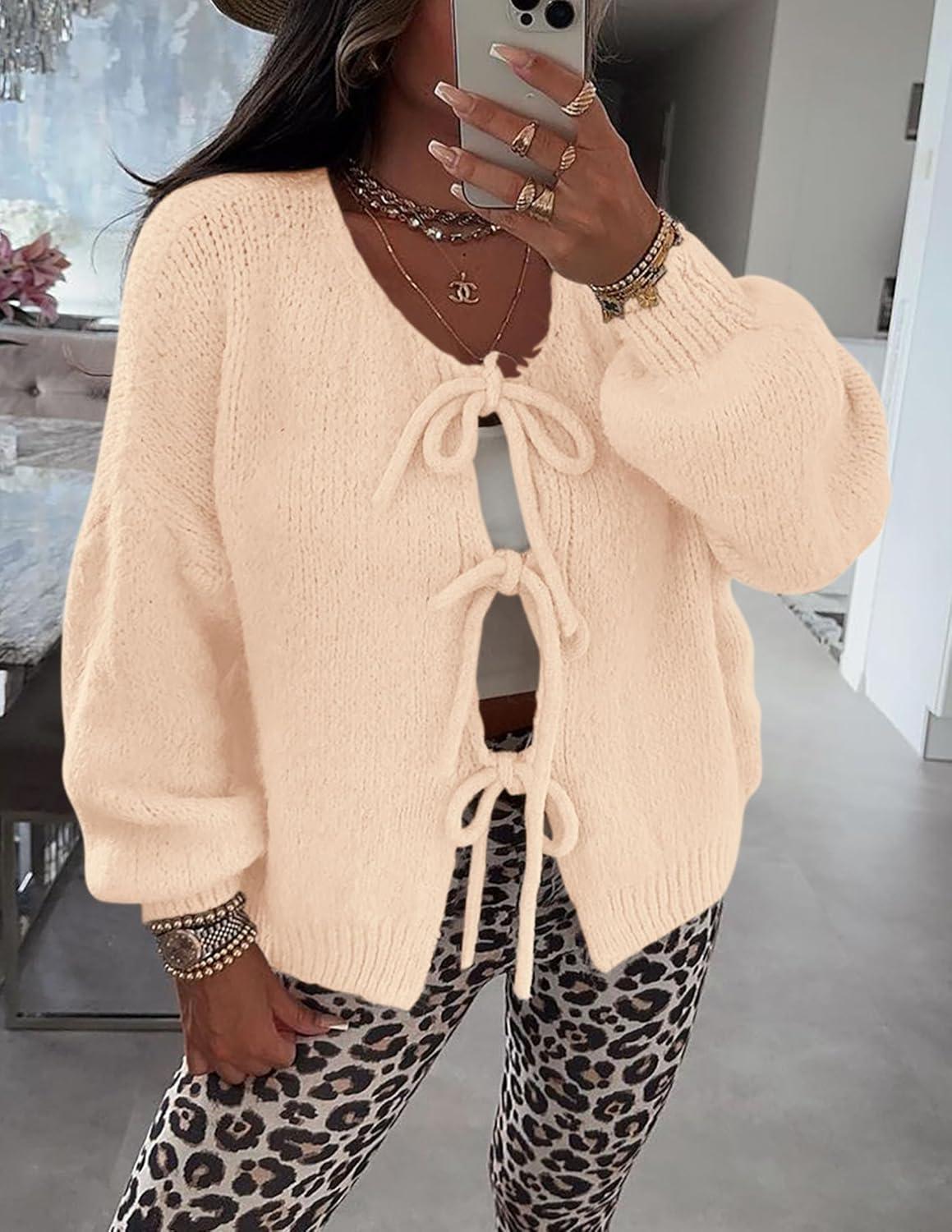 imagePRETTYGARDEN Womens Tie Front Bow Cardigan Sweaters Chunky Knit Long Puff Sleeve Trendy Fall Winter Jacket CoatsApricot