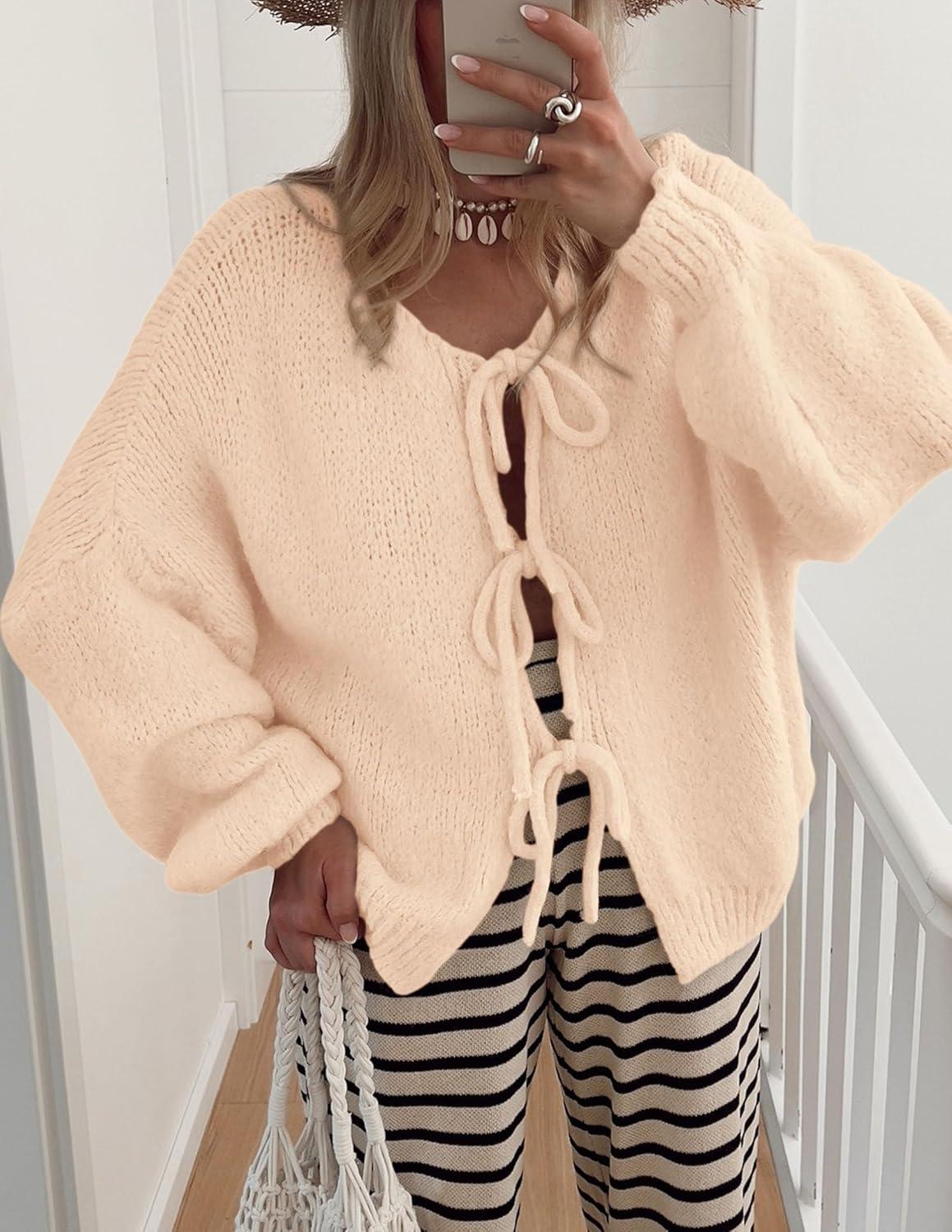 imagePRETTYGARDEN Womens Tie Front Bow Cardigan Sweaters Chunky Knit Long Puff Sleeve Trendy Fall Winter Jacket CoatsApricot