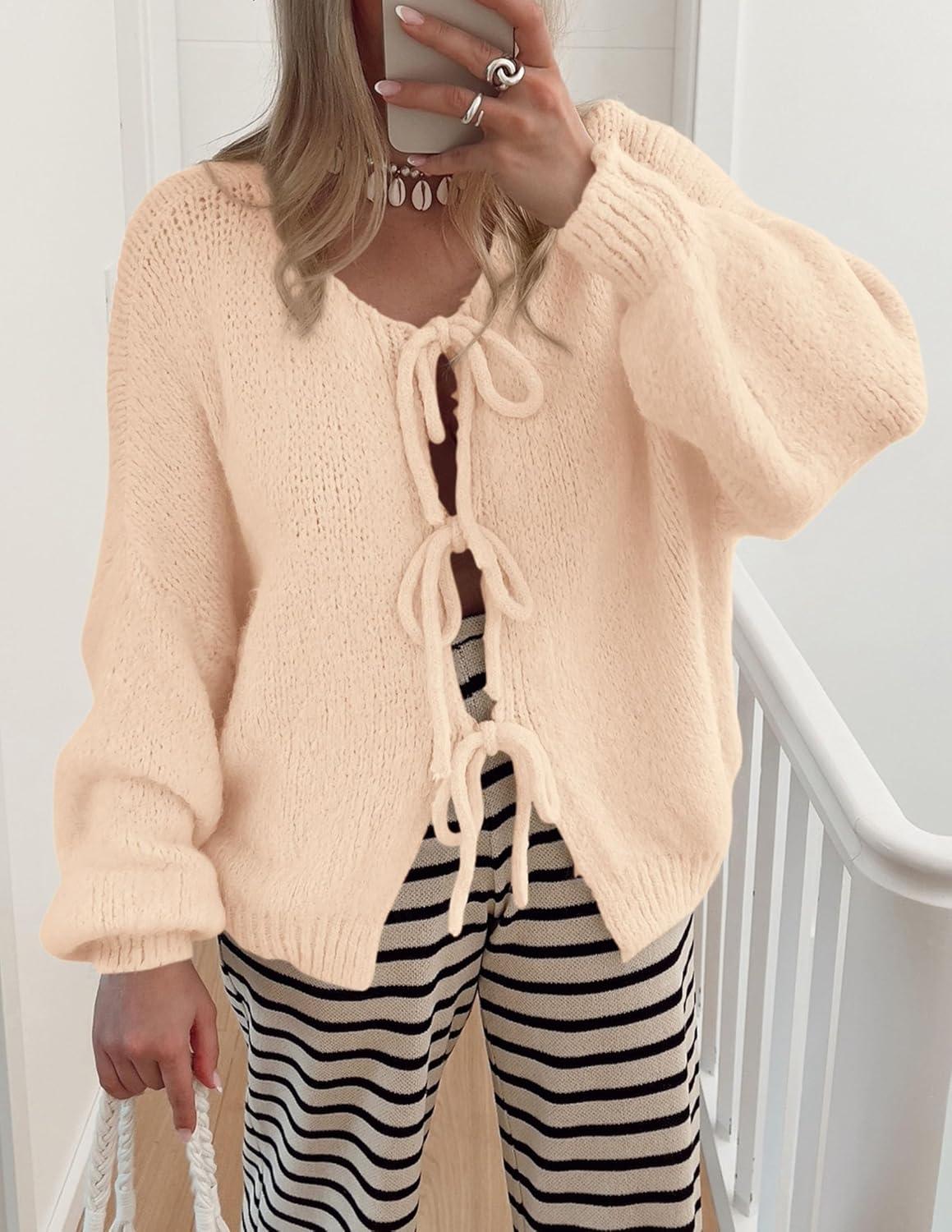 imagePRETTYGARDEN Womens Tie Front Bow Cardigan Sweaters Chunky Knit Long Puff Sleeve Trendy Fall Winter Jacket CoatsApricot
