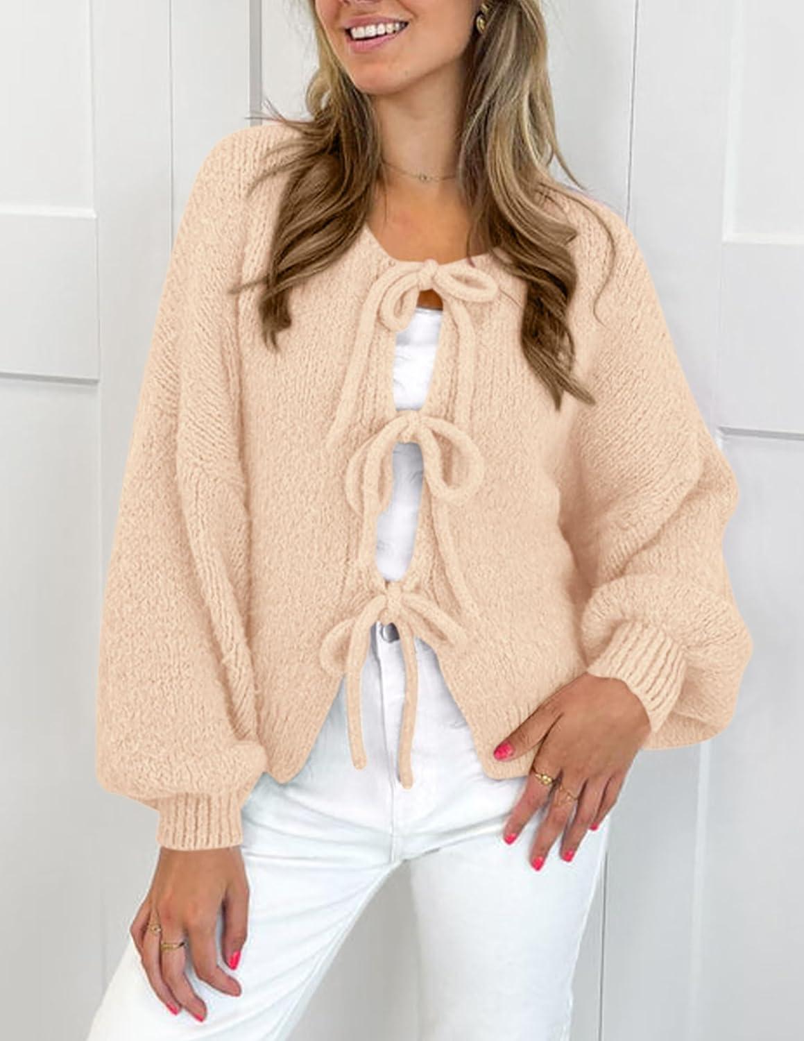 imagePRETTYGARDEN Womens Tie Front Bow Cardigan Sweaters Chunky Knit Long Puff Sleeve Trendy Fall Winter Jacket CoatsApricot