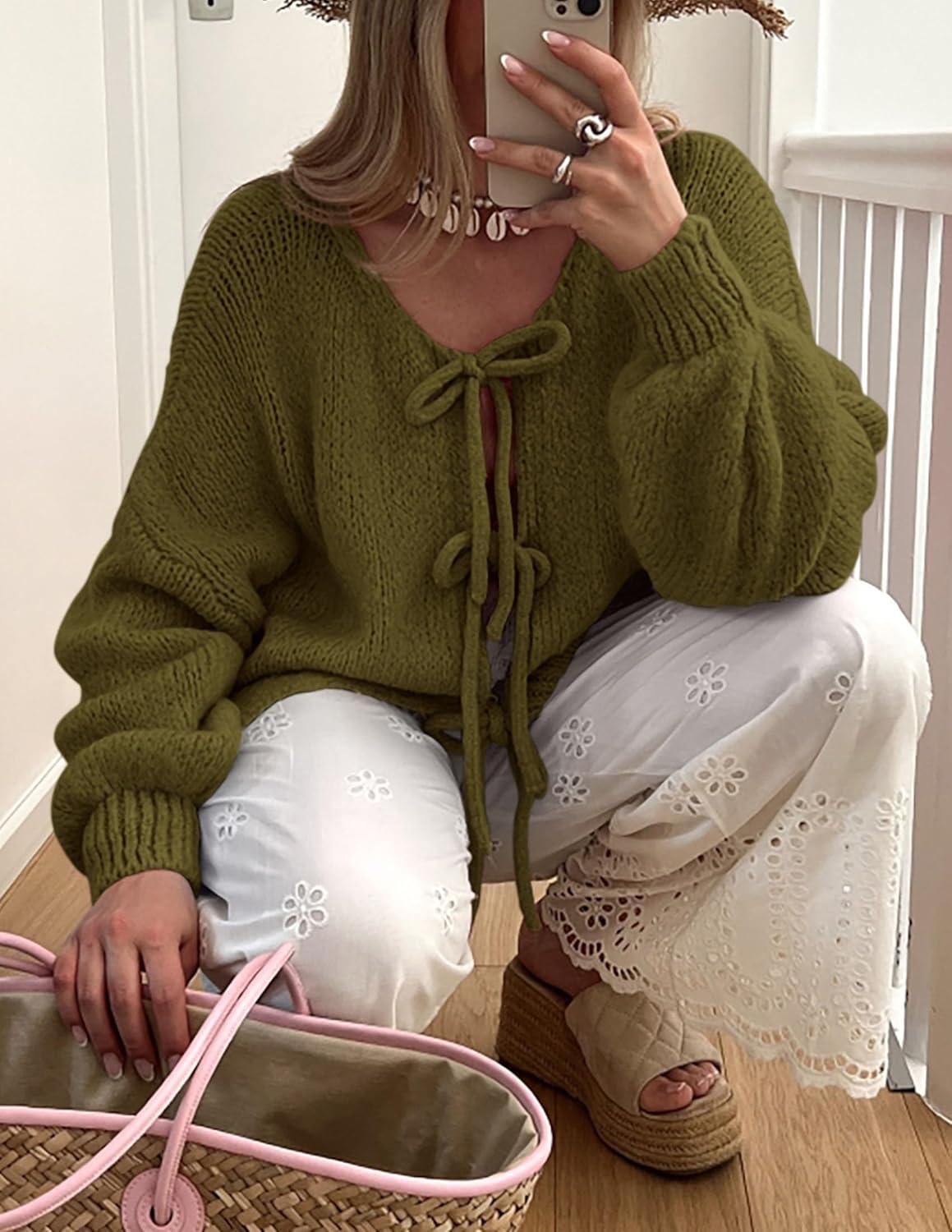 imagePRETTYGARDEN Womens Tie Front Bow Cardigan Sweaters Chunky Knit Long Puff Sleeve Trendy Fall Winter Jacket CoatsArmy Green