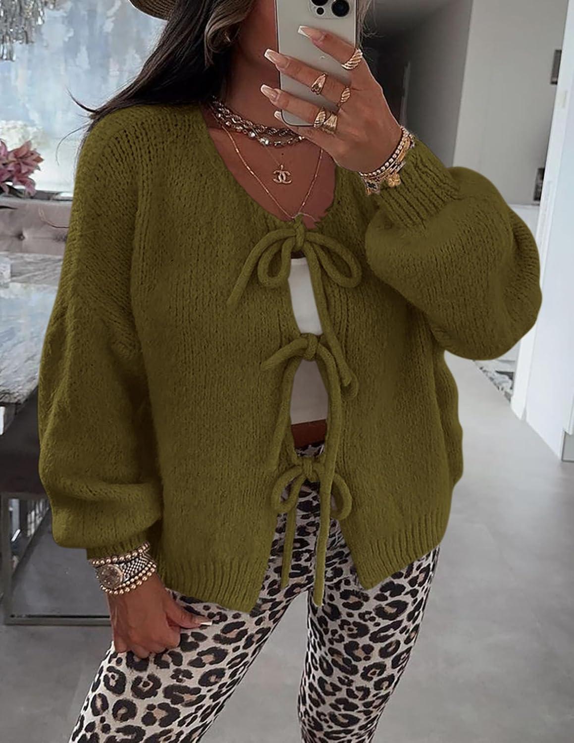imagePRETTYGARDEN Womens Tie Front Bow Cardigan Sweaters Chunky Knit Long Puff Sleeve Trendy Fall Winter Jacket CoatsArmy Green