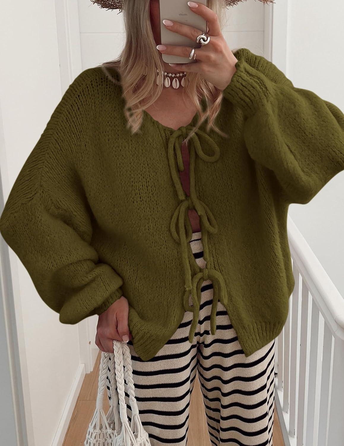imagePRETTYGARDEN Womens Tie Front Bow Cardigan Sweaters Chunky Knit Long Puff Sleeve Trendy Fall Winter Jacket CoatsArmy Green