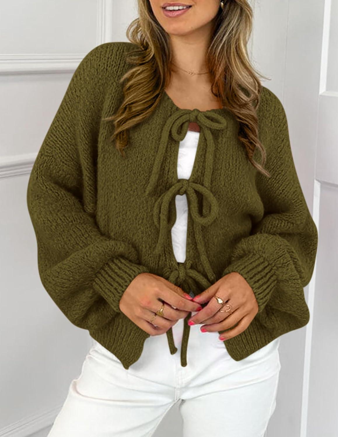 imagePRETTYGARDEN Womens Tie Front Bow Cardigan Sweaters Chunky Knit Long Puff Sleeve Trendy Fall Winter Jacket CoatsArmy Green