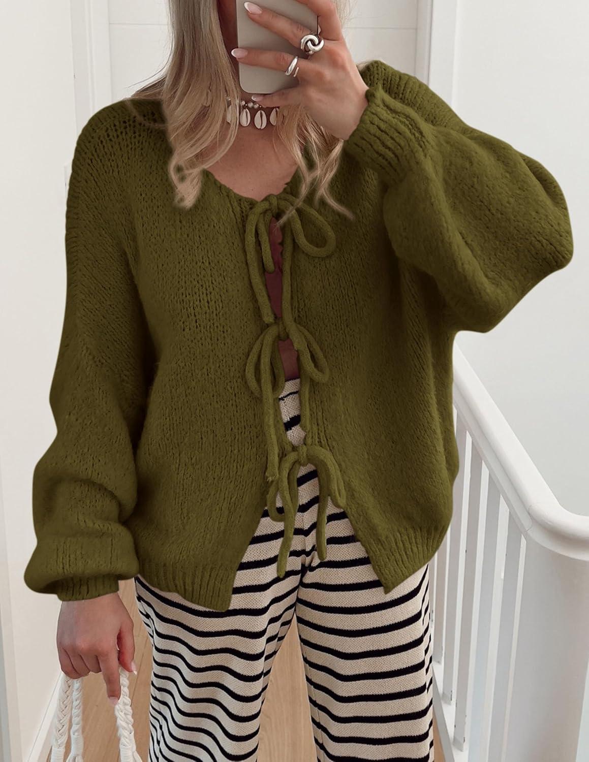 imagePRETTYGARDEN Womens Tie Front Bow Cardigan Sweaters Chunky Knit Long Puff Sleeve Trendy Fall Winter Jacket CoatsArmy Green