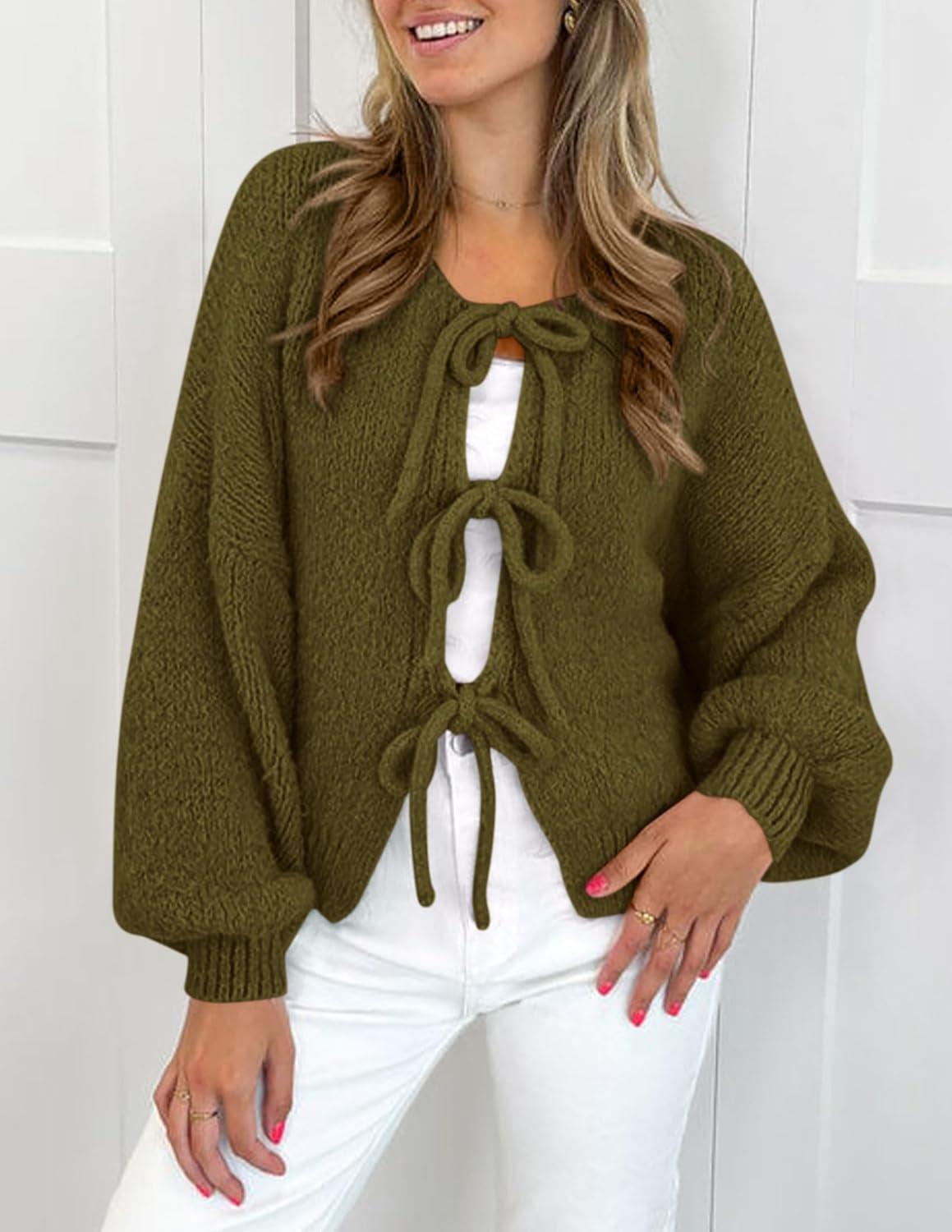imagePRETTYGARDEN Womens Tie Front Bow Cardigan Sweaters Chunky Knit Long Puff Sleeve Trendy Fall Winter Jacket CoatsArmy Green