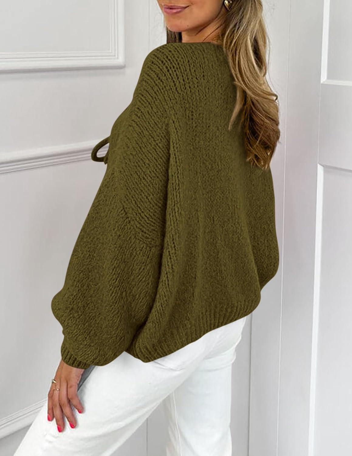 imagePRETTYGARDEN Womens Tie Front Bow Cardigan Sweaters Chunky Knit Long Puff Sleeve Trendy Fall Winter Jacket CoatsArmy Green