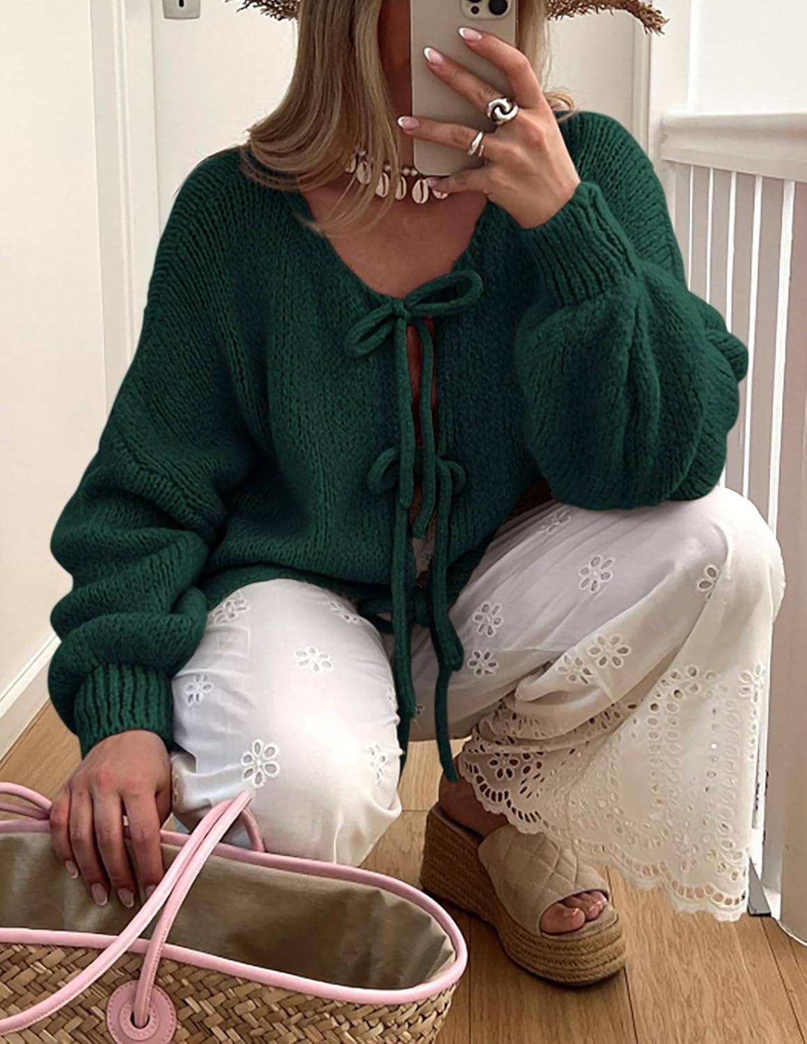 imagePRETTYGARDEN Womens Tie Front Bow Cardigan Sweaters Chunky Knit Long Puff Sleeve Trendy Fall Winter Jacket CoatsDark Green