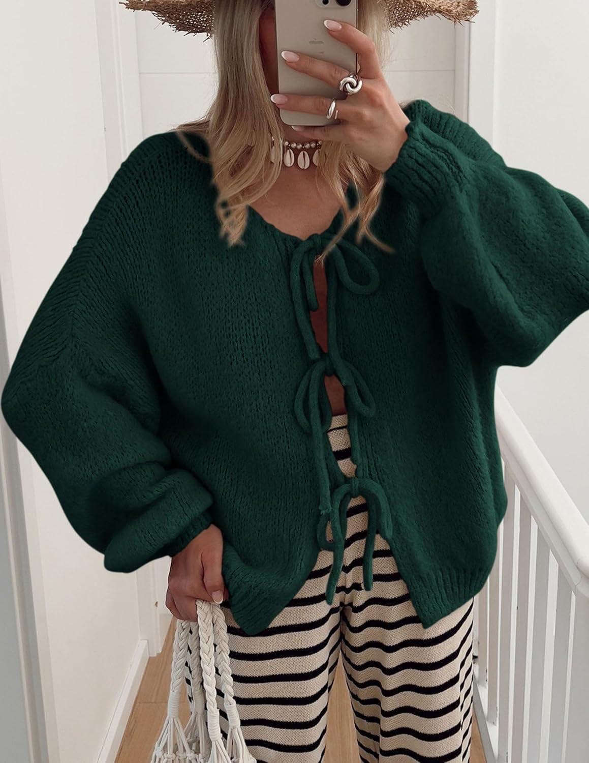 imagePRETTYGARDEN Womens Tie Front Bow Cardigan Sweaters Chunky Knit Long Puff Sleeve Trendy Fall Winter Jacket CoatsDark Green