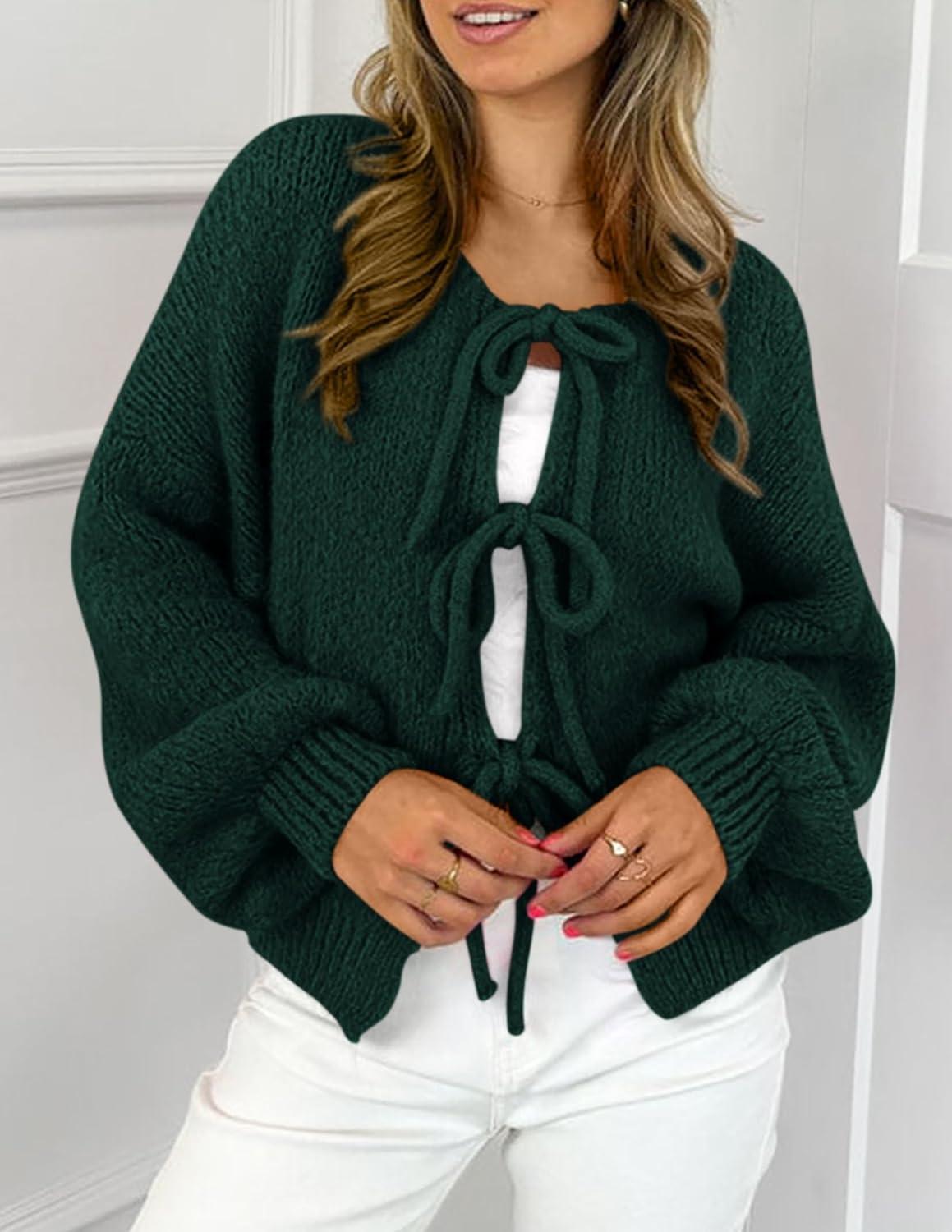 imagePRETTYGARDEN Womens Tie Front Bow Cardigan Sweaters Chunky Knit Long Puff Sleeve Trendy Fall Winter Jacket CoatsDark Green