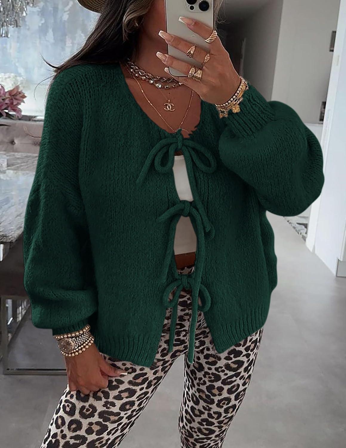 imagePRETTYGARDEN Womens Tie Front Bow Cardigan Sweaters Chunky Knit Long Puff Sleeve Trendy Fall Winter Jacket CoatsDark Green
