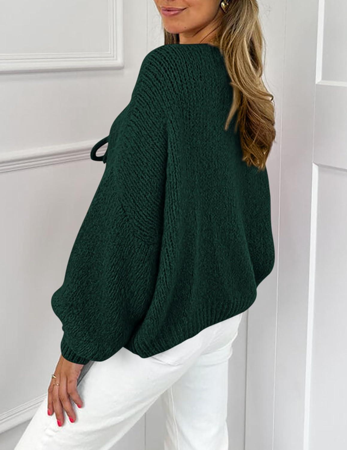 imagePRETTYGARDEN Womens Tie Front Bow Cardigan Sweaters Chunky Knit Long Puff Sleeve Trendy Fall Winter Jacket CoatsDark Green