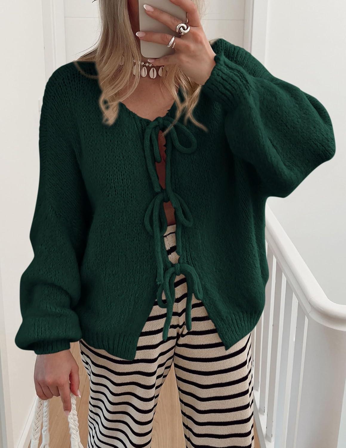 imagePRETTYGARDEN Womens Tie Front Bow Cardigan Sweaters Chunky Knit Long Puff Sleeve Trendy Fall Winter Jacket CoatsDark Green