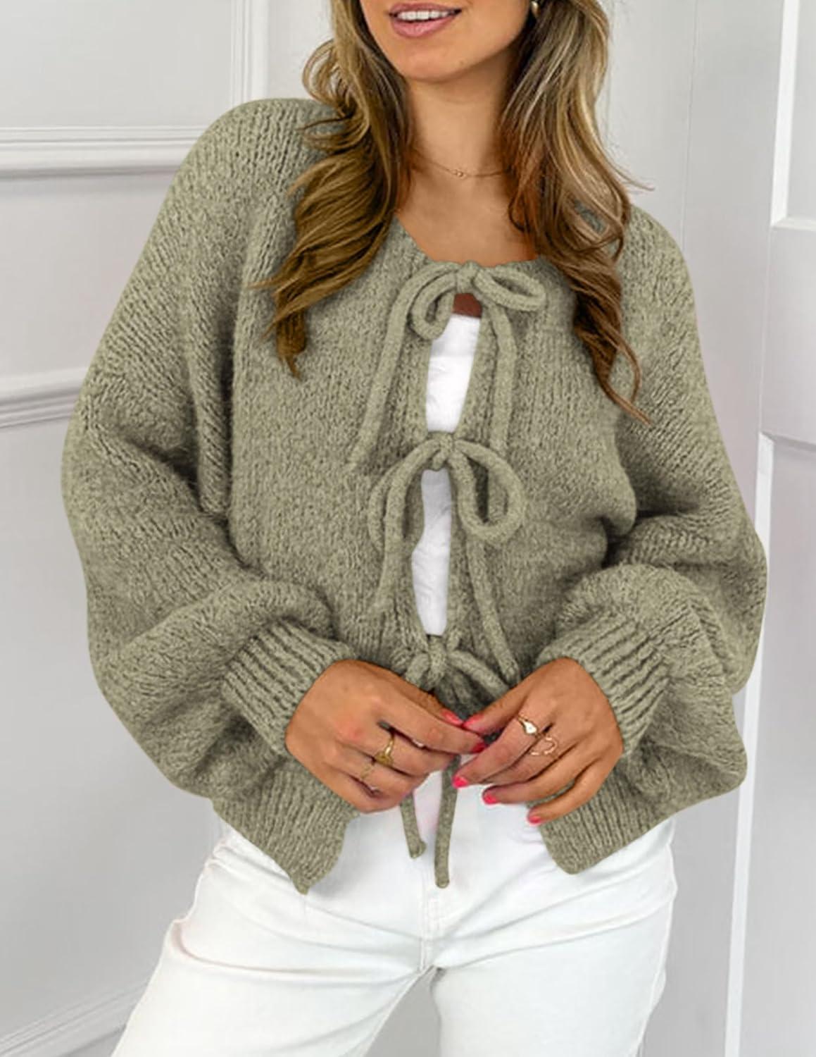 imagePRETTYGARDEN Womens Tie Front Bow Cardigan Sweaters Chunky Knit Long Puff Sleeve Trendy Fall Winter Jacket CoatsMist Green
