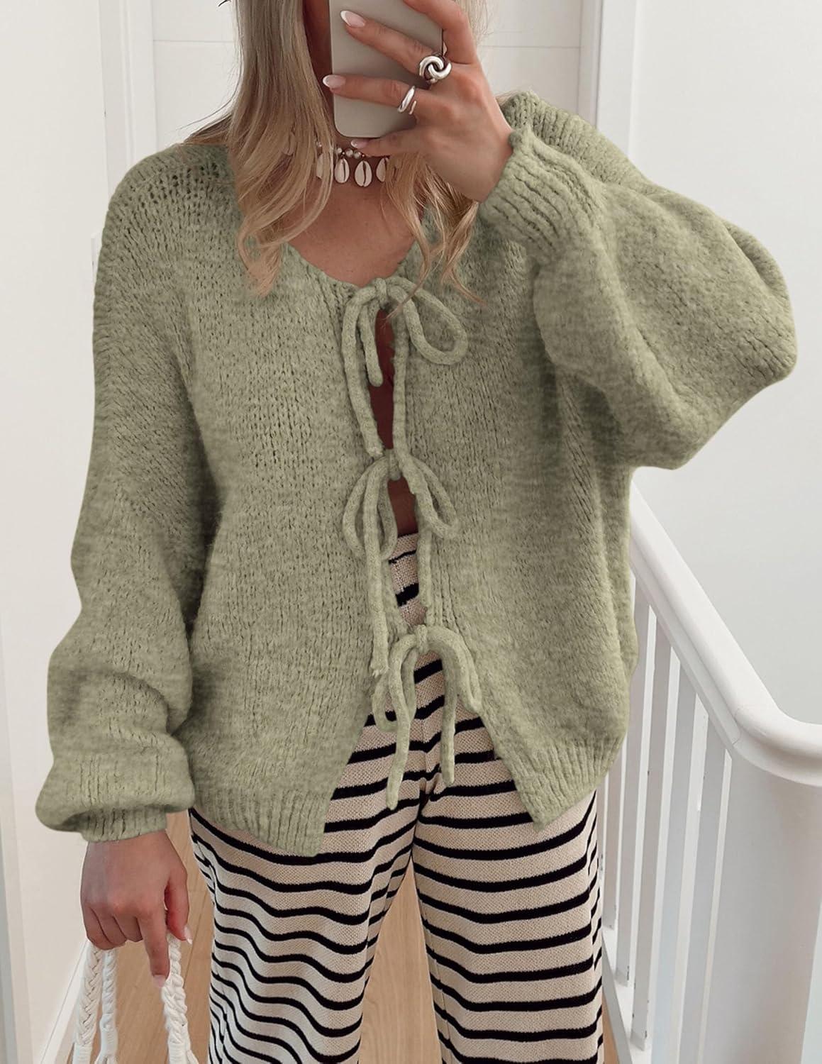 imagePRETTYGARDEN Womens Tie Front Bow Cardigan Sweaters Chunky Knit Long Puff Sleeve Trendy Fall Winter Jacket CoatsMist Green