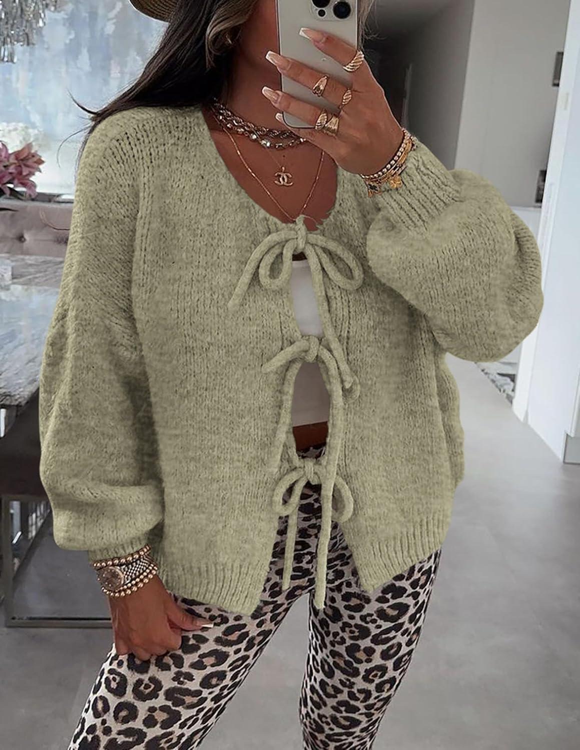 imagePRETTYGARDEN Womens Tie Front Bow Cardigan Sweaters Chunky Knit Long Puff Sleeve Trendy Fall Winter Jacket CoatsMist Green