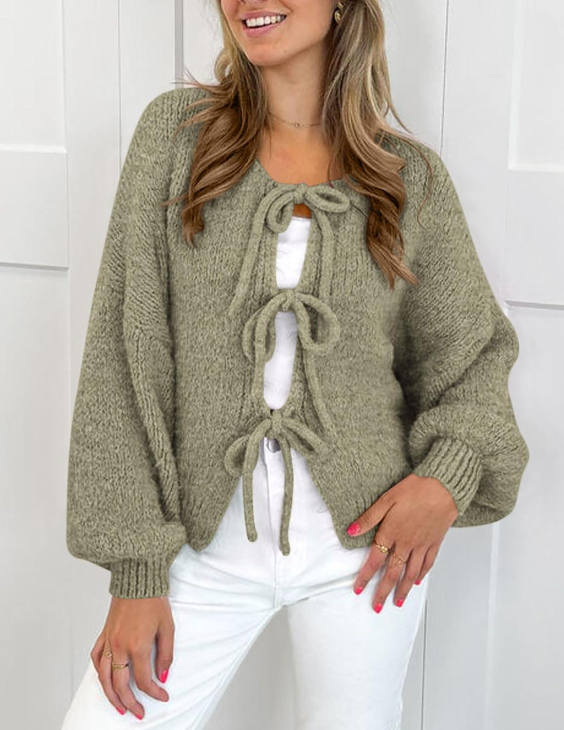 imagePRETTYGARDEN Womens Tie Front Bow Cardigan Sweaters Chunky Knit Long Puff Sleeve Trendy Fall Winter Jacket CoatsMist Green