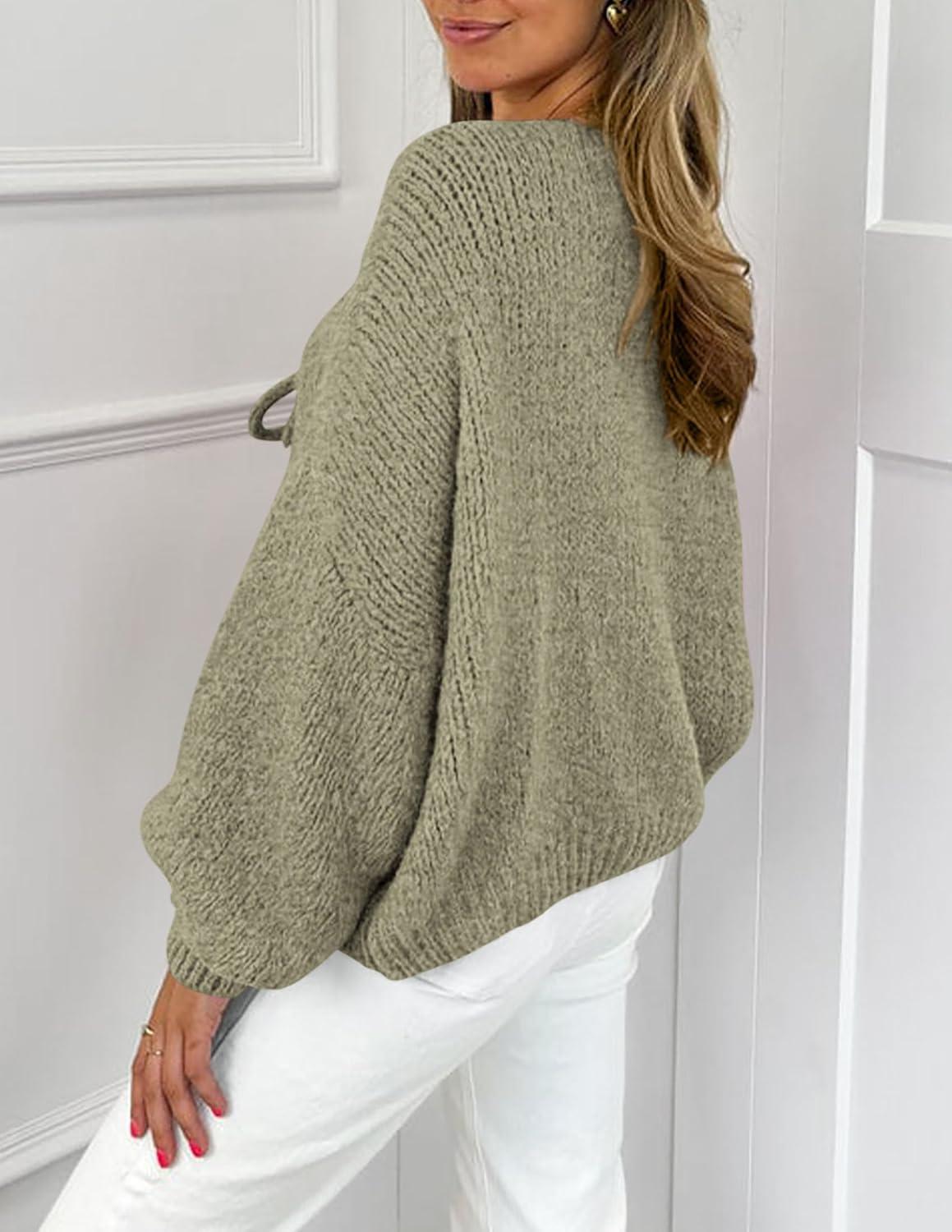 imagePRETTYGARDEN Womens Tie Front Bow Cardigan Sweaters Chunky Knit Long Puff Sleeve Trendy Fall Winter Jacket CoatsMist Green