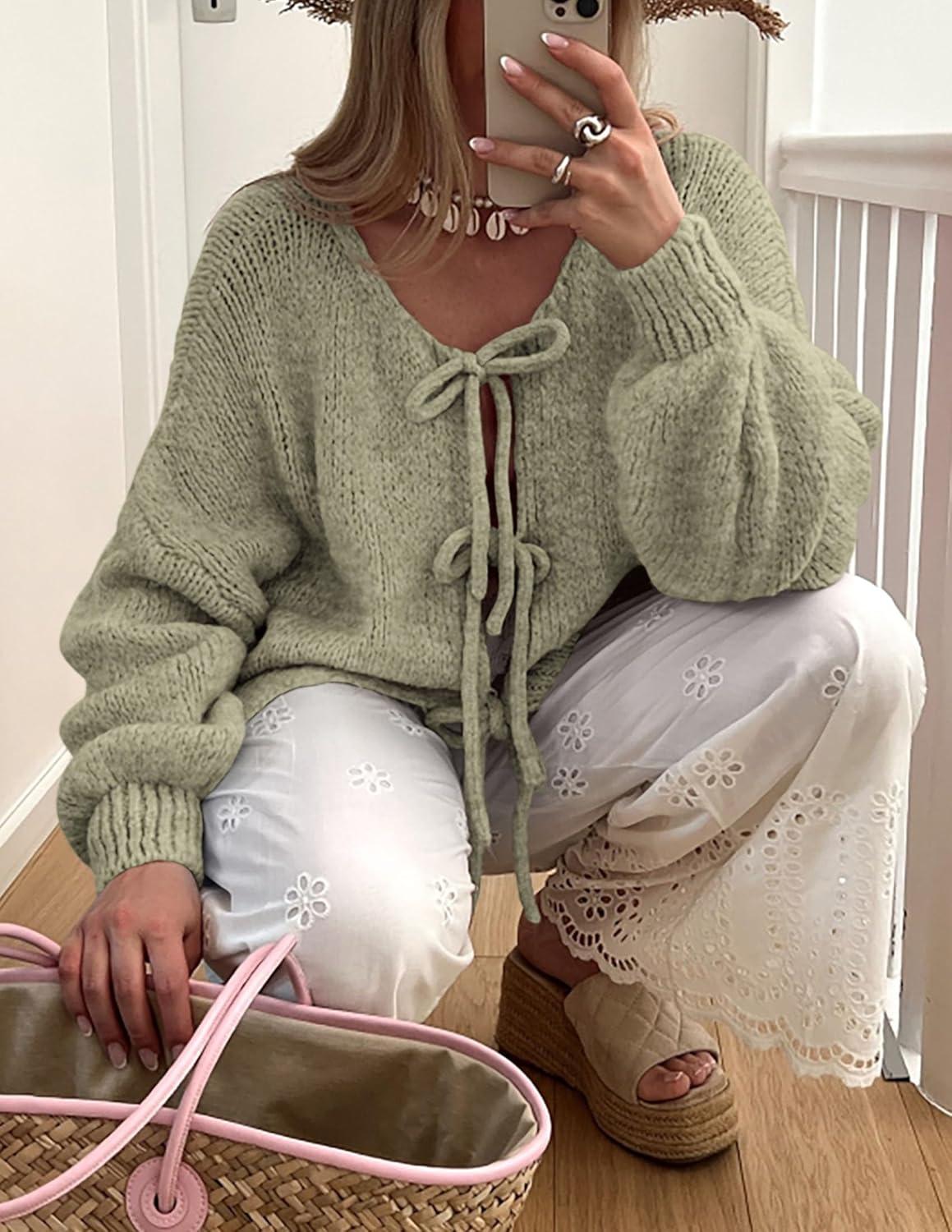 imagePRETTYGARDEN Womens Tie Front Bow Cardigan Sweaters Chunky Knit Long Puff Sleeve Trendy Fall Winter Jacket CoatsMist Green