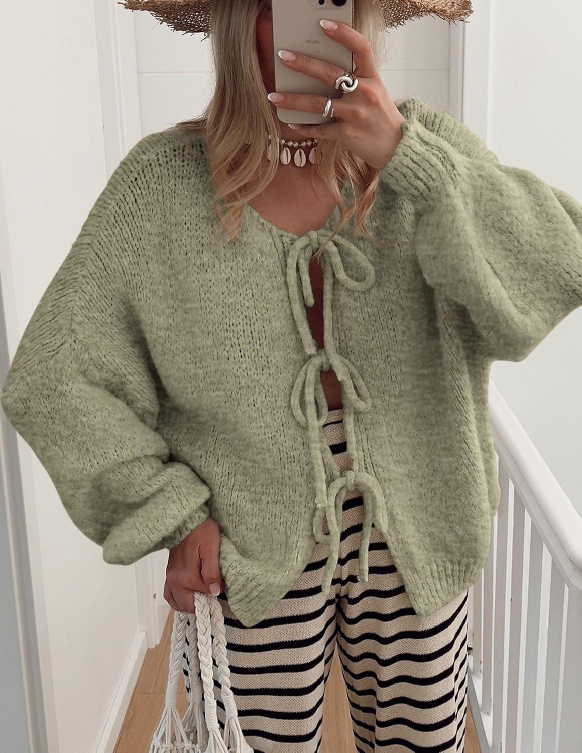 imagePRETTYGARDEN Womens Tie Front Bow Cardigan Sweaters Chunky Knit Long Puff Sleeve Trendy Fall Winter Jacket CoatsMist Green