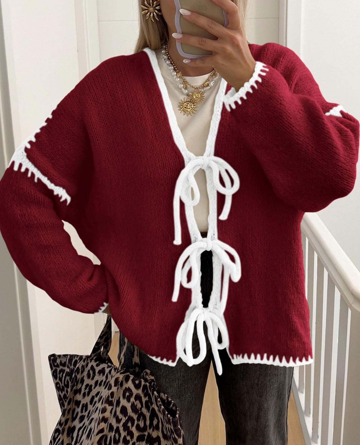 imagePRETTYGARDEN Womens Tie Front Bow Cardigan Sweaters Chunky Knit Long Puff Sleeve Trendy Fall Winter Jacket CoatsWine Red White