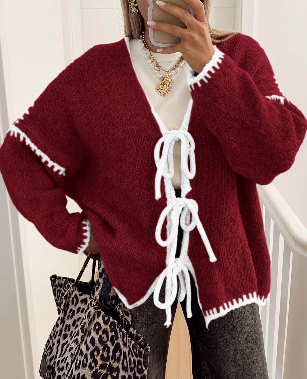 imagePRETTYGARDEN Womens Tie Front Bow Cardigan Sweaters Chunky Knit Long Puff Sleeve Trendy Fall Winter Jacket CoatsWine Red White