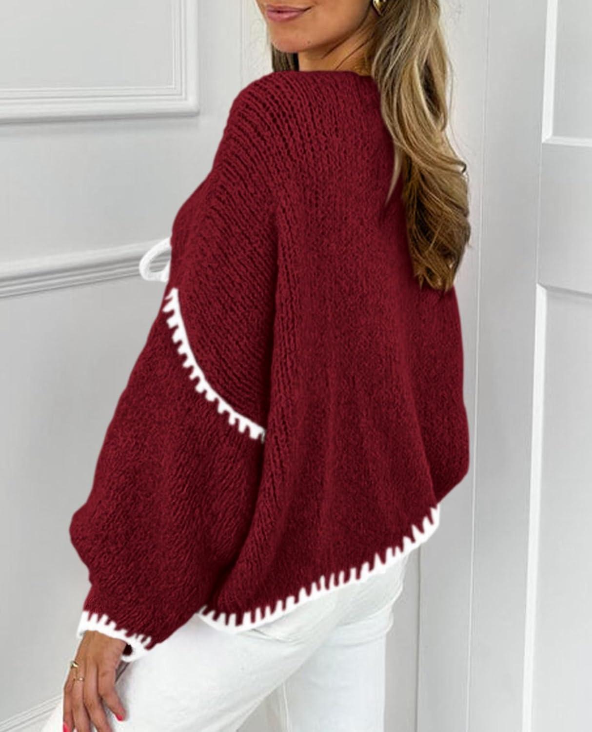 imagePRETTYGARDEN Womens Tie Front Bow Cardigan Sweaters Chunky Knit Long Puff Sleeve Trendy Fall Winter Jacket CoatsWine Red White