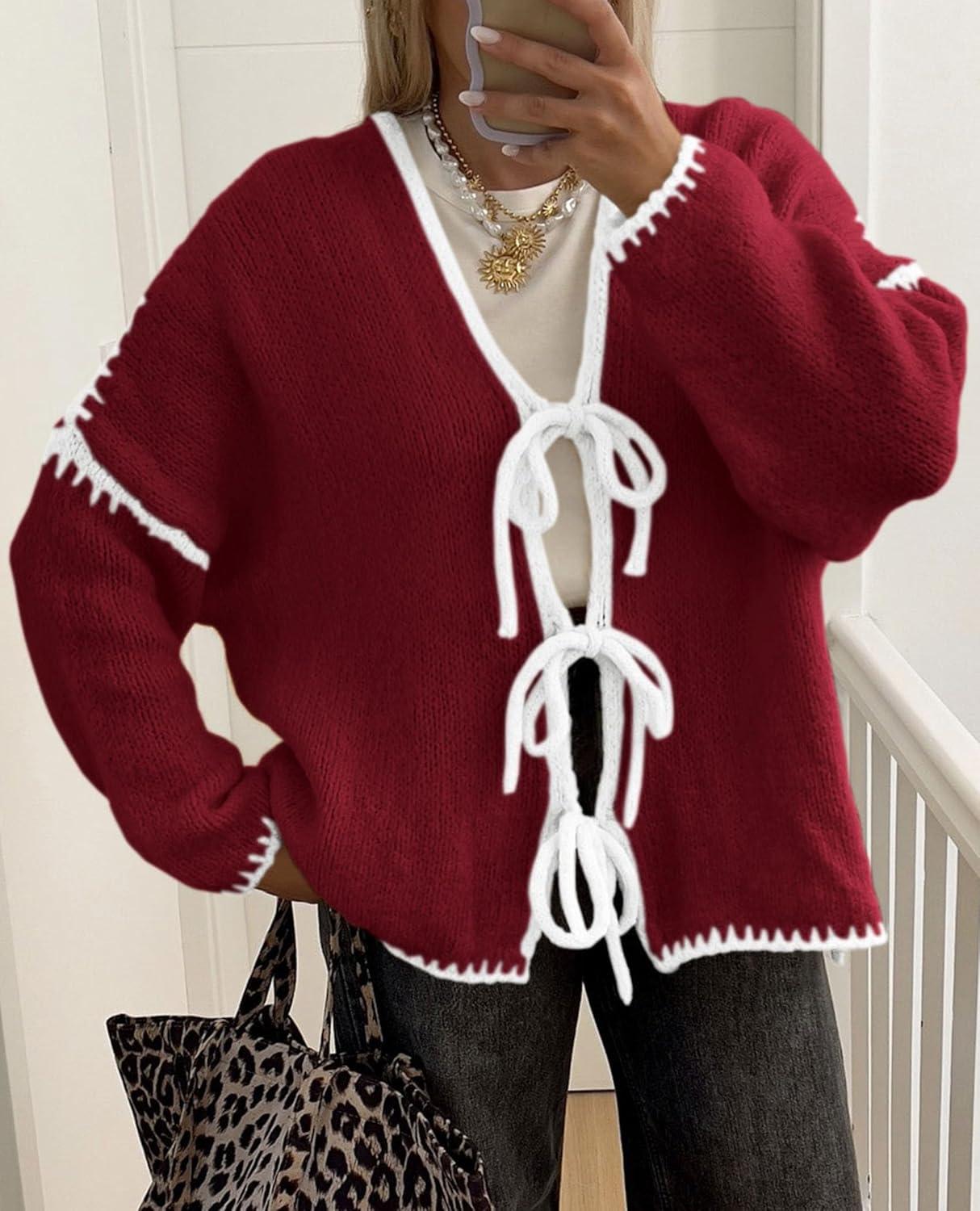 imagePRETTYGARDEN Womens Tie Front Bow Cardigan Sweaters Chunky Knit Long Puff Sleeve Trendy Fall Winter Jacket CoatsWine Red White