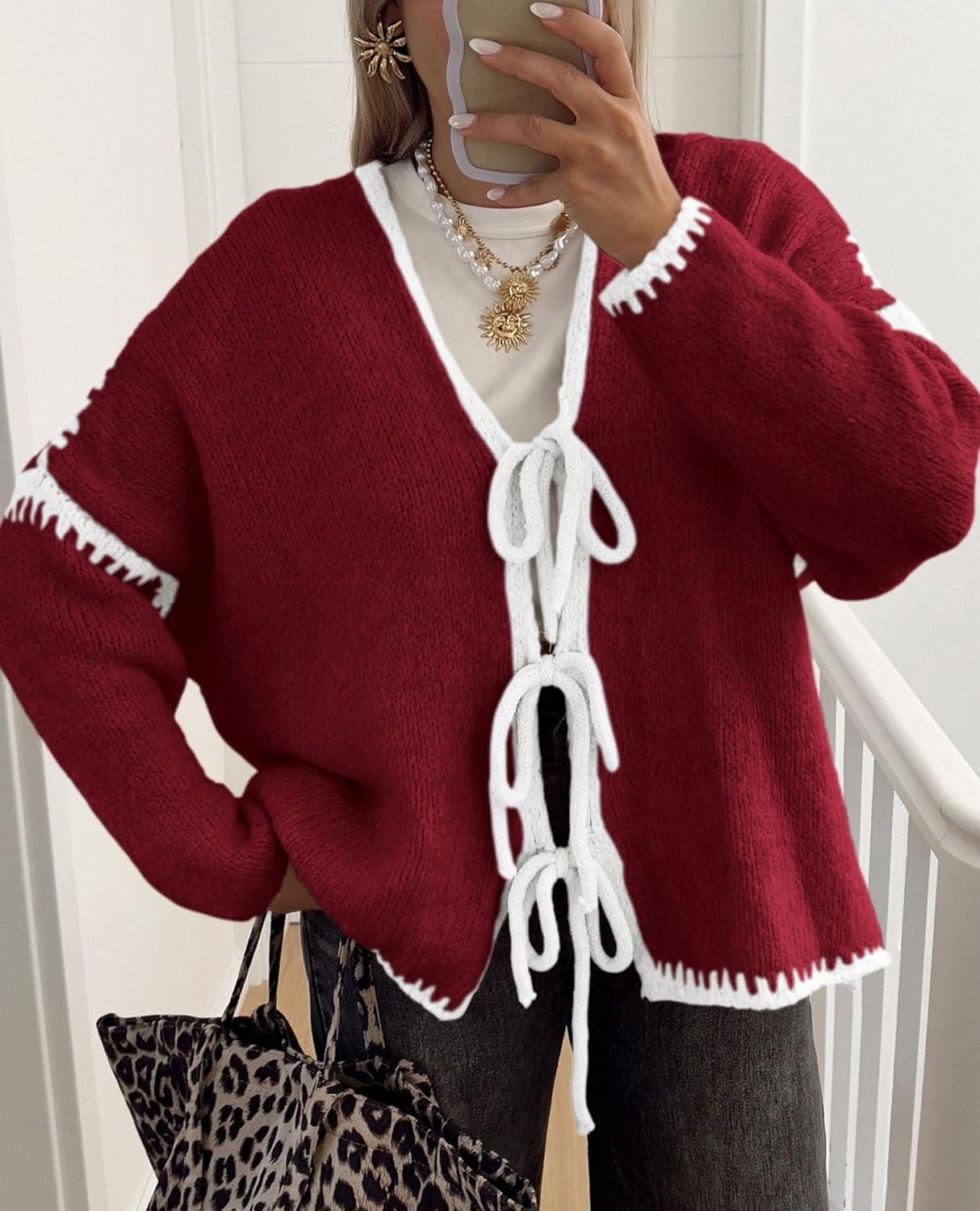 imagePRETTYGARDEN Womens Tie Front Bow Cardigan Sweaters Chunky Knit Long Puff Sleeve Trendy Fall Winter Jacket CoatsWine Red White