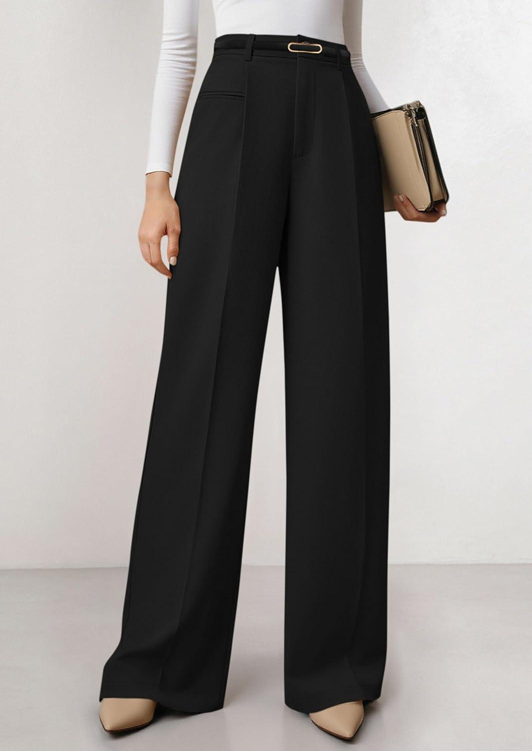 imagePRETTYGARDEN Womens Wide Leg Dress Pants 2025 Business Casual Flowy Work Palazzo Pants High Waisted Slacks TrousersBlack