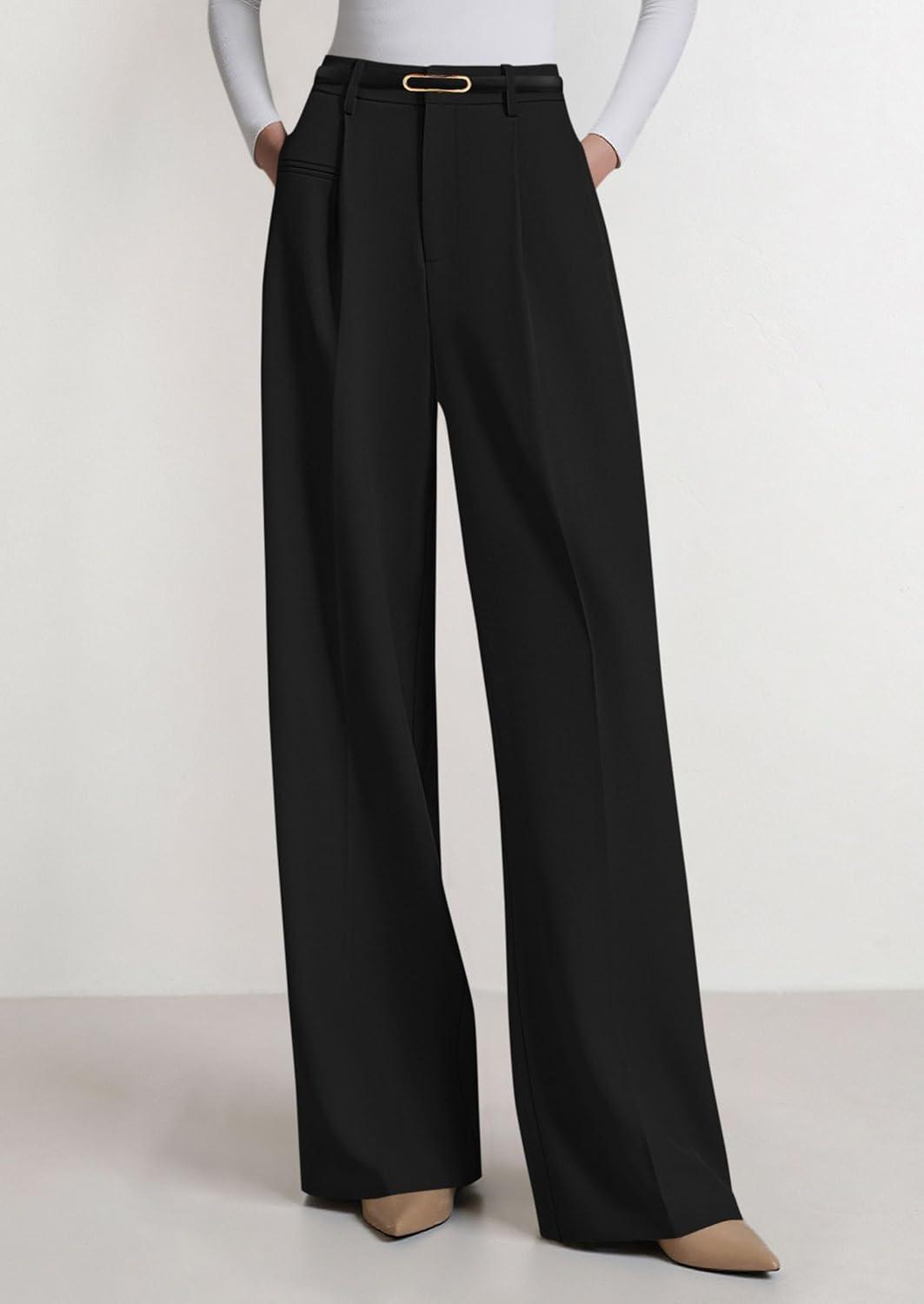 imagePRETTYGARDEN Womens Wide Leg Dress Pants 2025 Business Casual Flowy Work Palazzo Pants High Waisted Slacks TrousersBlack