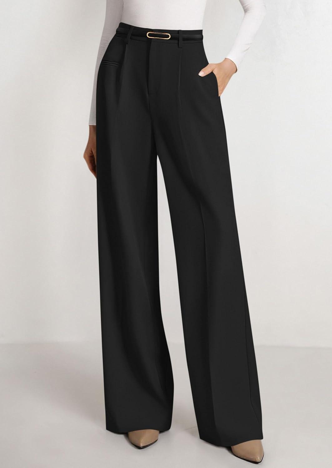 imagePRETTYGARDEN Womens Wide Leg Dress Pants 2025 Business Casual Flowy Work Palazzo Pants High Waisted Slacks TrousersBlack